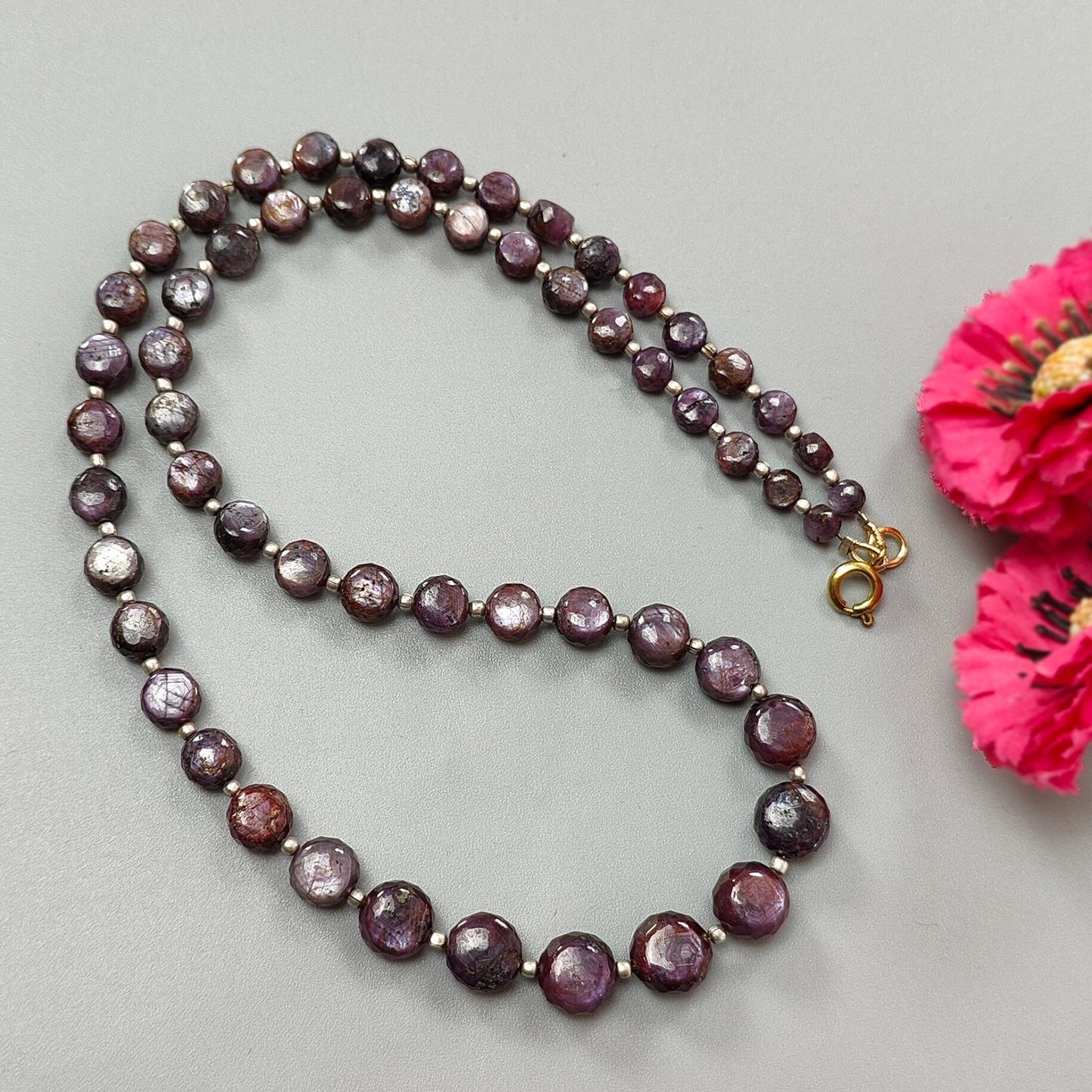 Pink Sapphire Gemstone Beads Necklace: 177.50cts Natural Untreated Raspberry Sapphire Plain Side Faceted Round Brass Necklace 5mm - 10mm 20"
