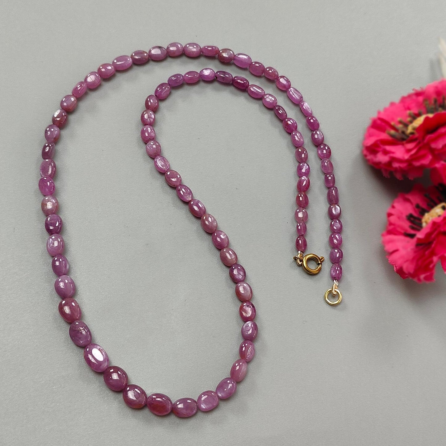 Pink Ruby Gemstone Beads Necklace: 113.00cts Natural Untreated Raspberry Sheen Ruby Plain Oval Brass Necklace 6*5mm - 10*6mm 21"