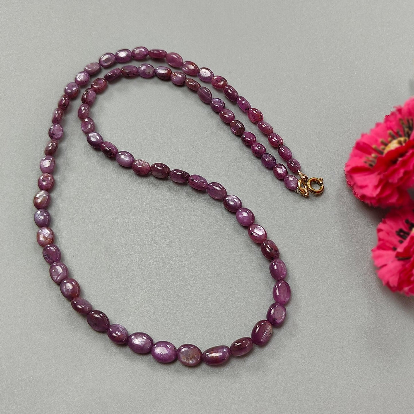 Pink Sapphire Gemstone Beads Necklace: 131.40cts Natural Untreated Raspberry Sheen Sapphire Plain Oval Brass Necklace 6*5mm - 9*7mm 20"