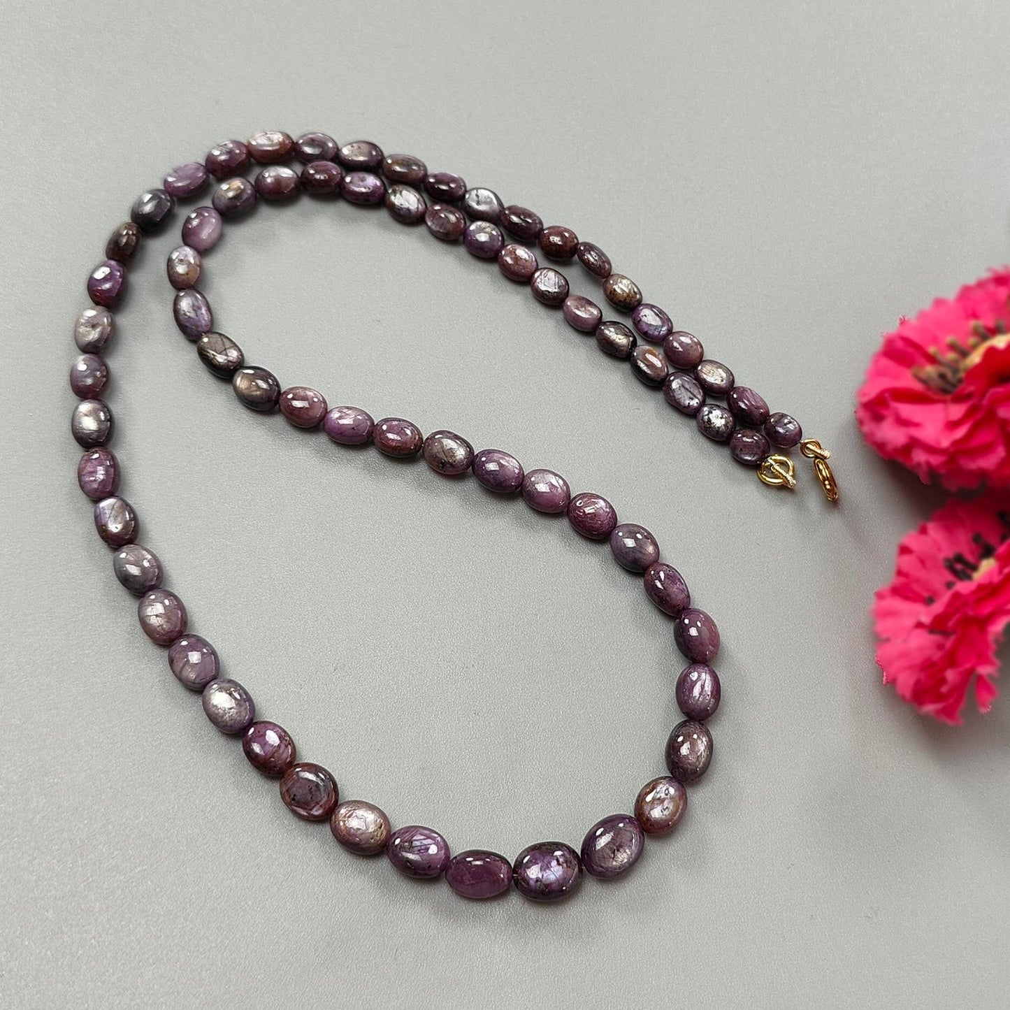 Pink Sapphire Gemstone Beads Necklace: 149.60cts Natural Untreated Raspberry Sheen Sapphire Plain Oval Brass Necklace 6*5mm - 9*8mm 20"