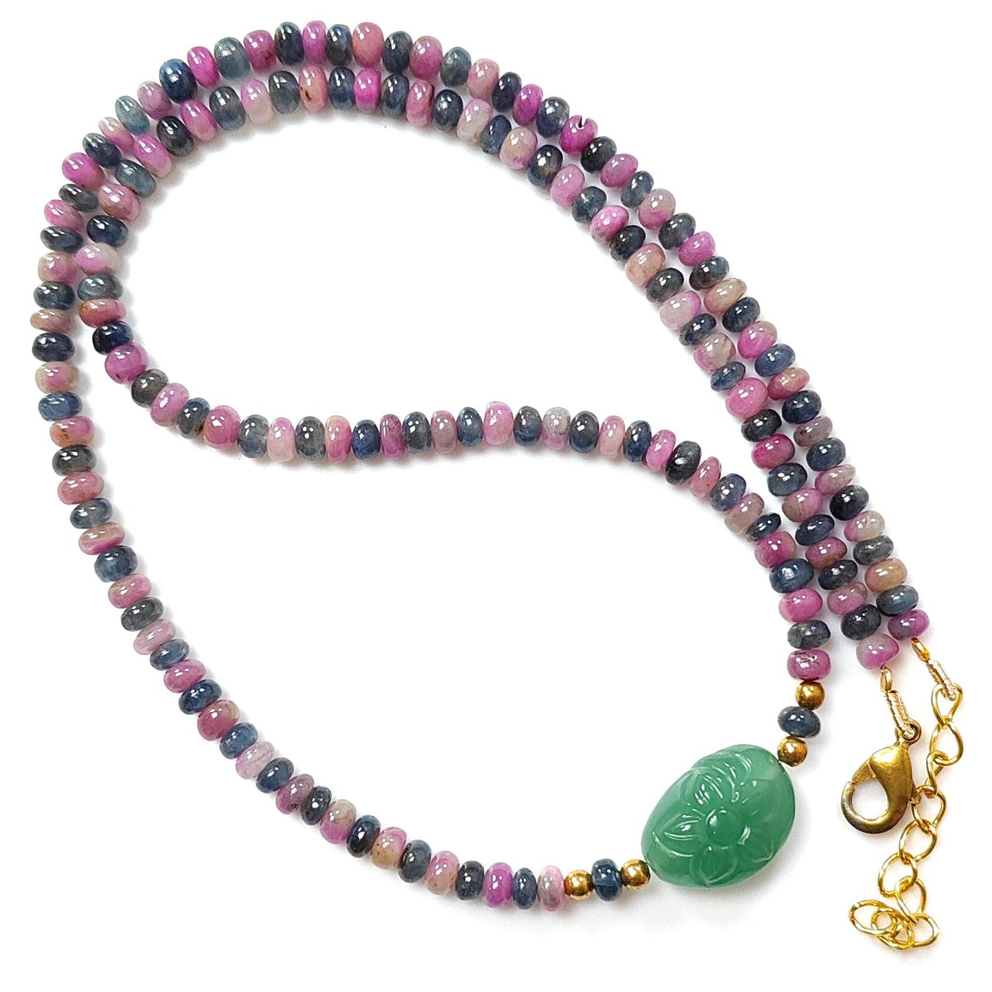 Zoisite Ruby & Blue Sapphire Gemstone Beads Necklace: Natural Untreated Ruby, Green Quartzite Plain Rondelle Brass Necklace 18" 1 Strand