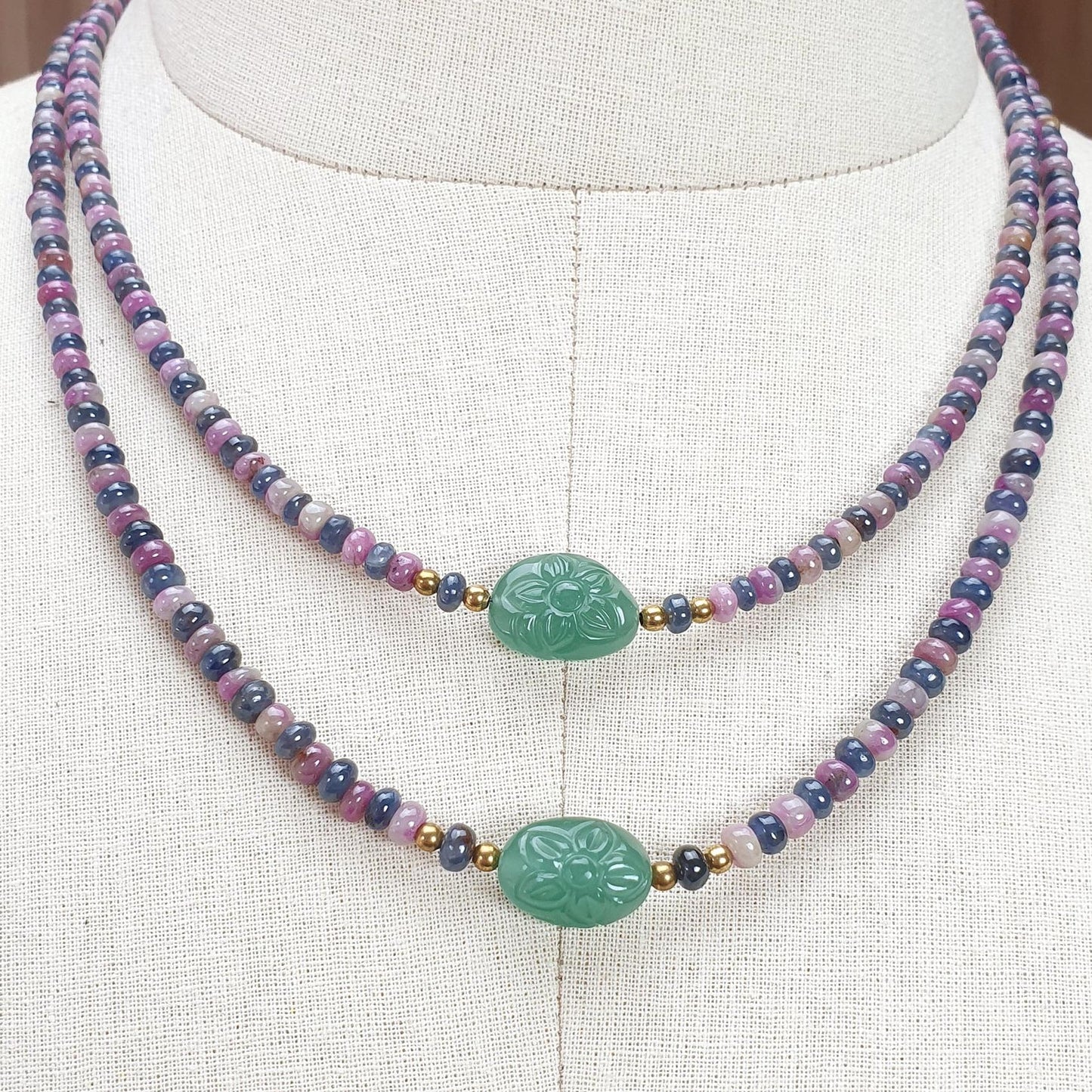Zoisite Ruby & Blue Sapphire Gemstone Beads Necklace: Natural Untreated Ruby, Green Quartzite Plain Rondelle Brass Necklace 18" 1 Strand