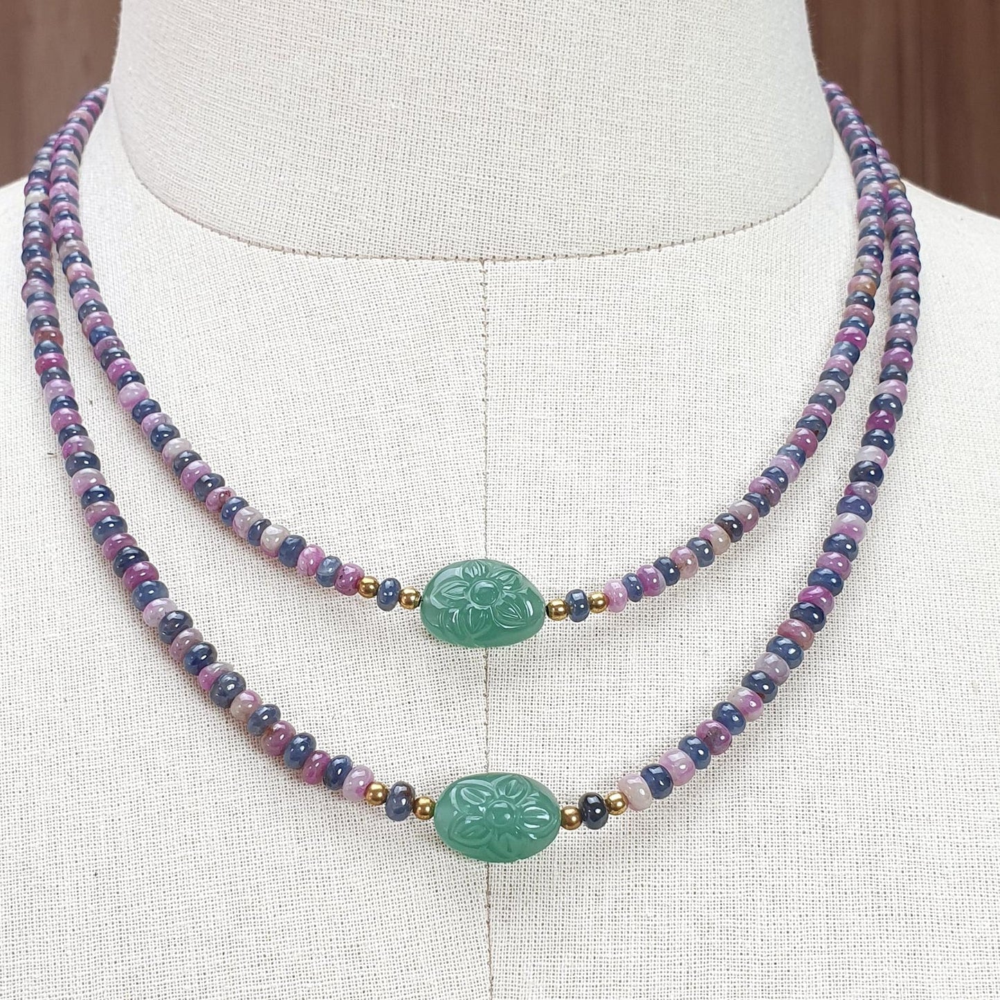 Zoisite Ruby & Blue Sapphire Gemstone Beads Necklace: Natural Untreated Ruby, Green Quartzite Plain Rondelle Brass Necklace 18" 1 Strand