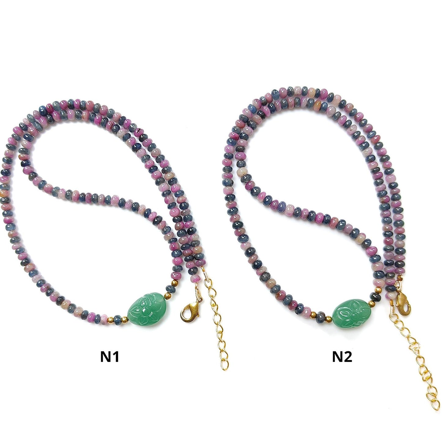 Zoisite Ruby & Blue Sapphire Gemstone Beads Necklace: Natural Untreated Ruby, Green Quartzite Plain Rondelle Brass Necklace 18" 1 Strand
