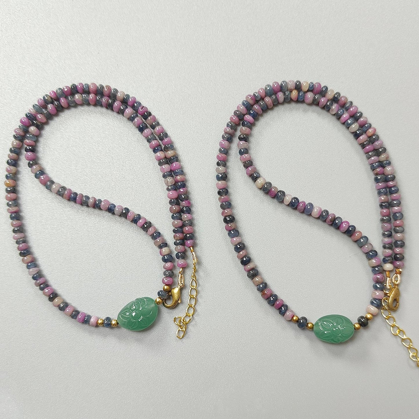 Zoisite Ruby & Blue Sapphire Gemstone Beads Necklace: Natural Untreated Ruby, Green Quartzite Plain Rondelle Brass Necklace 18" 1 Strand
