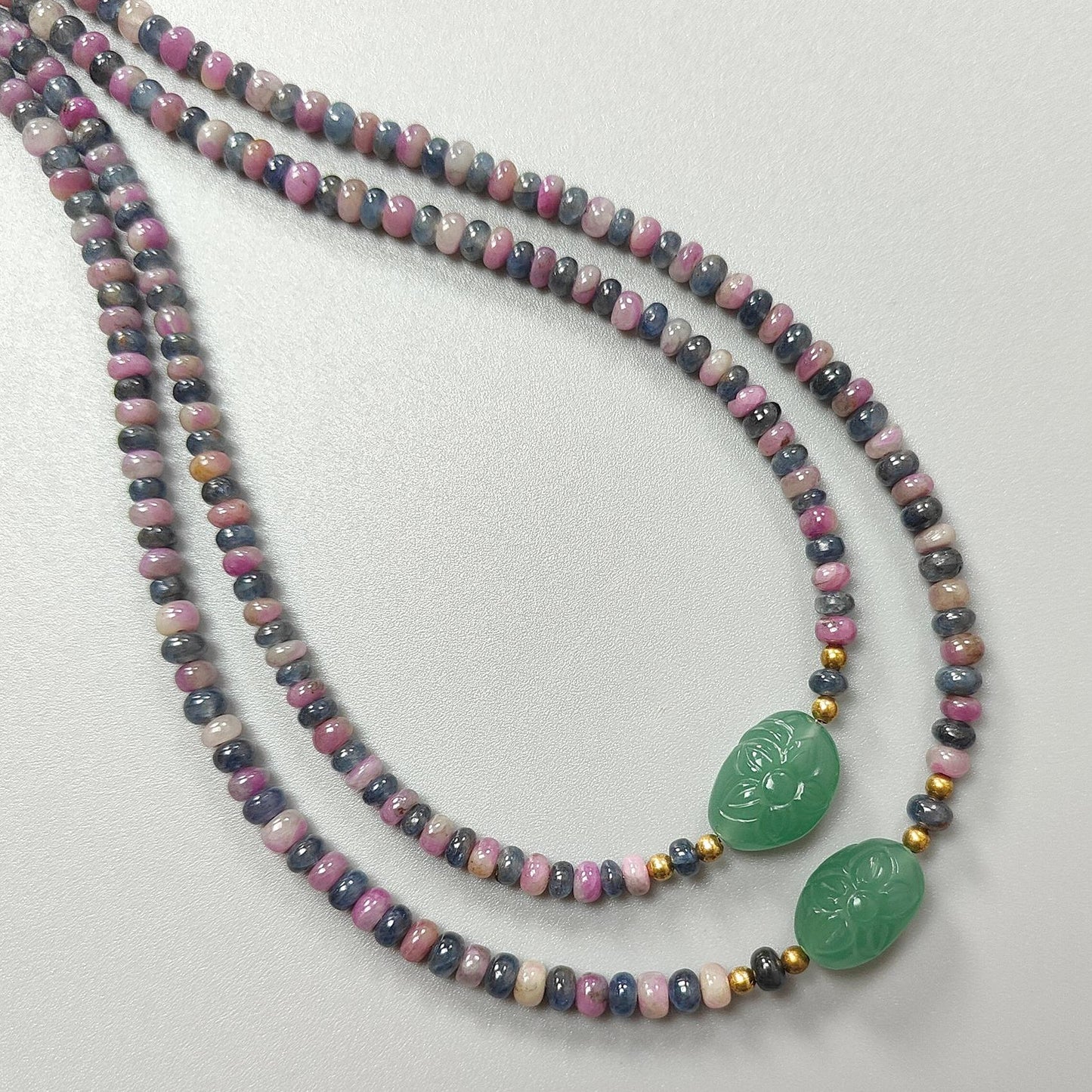 Zoisite Ruby & Blue Sapphire Gemstone Beads Necklace: Natural Untreated Ruby, Green Quartzite Plain Rondelle Brass Necklace 18" 1 Strand