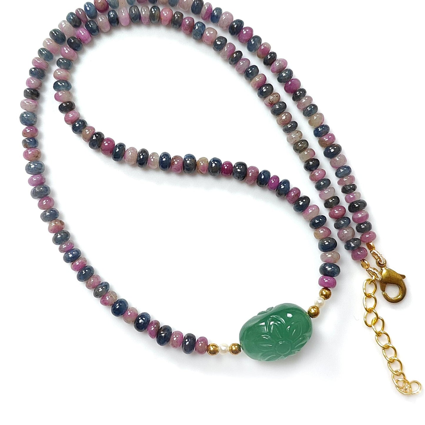 Zoisite Ruby & Blue Sapphire Gemstone Beads Necklace: Natural Untreated Ruby, Green Quartzite Plain Rondelle Brass Necklace 18" 1 Strand