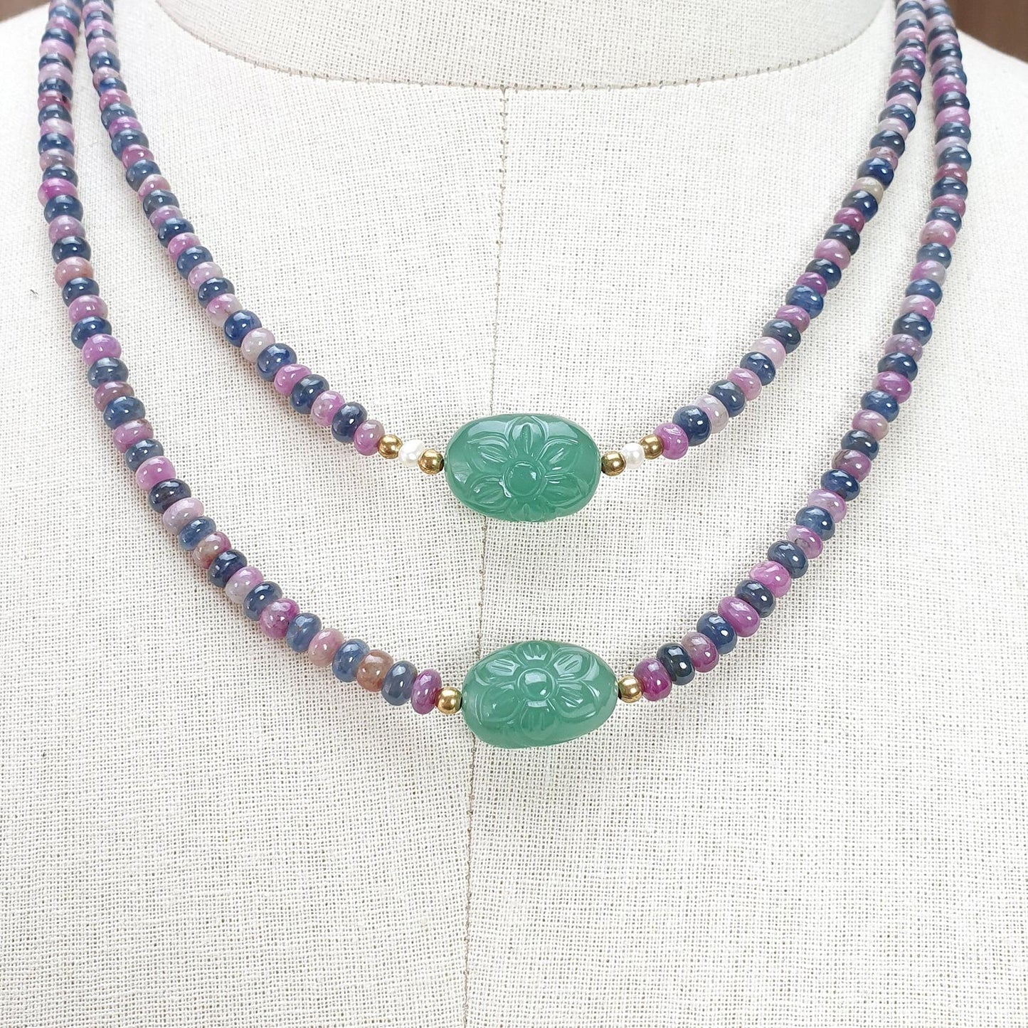 Zoisite Ruby & Blue Sapphire Gemstone Beads Necklace: Natural Untreated Ruby, Green Quartzite Plain Rondelle Brass Necklace 18" 1 Strand
