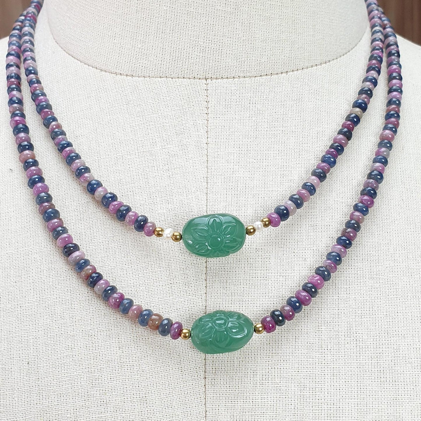 Zoisite Ruby & Blue Sapphire Gemstone Beads Necklace: Natural Untreated Ruby, Green Quartzite Plain Rondelle Brass Necklace 18" 1 Strand