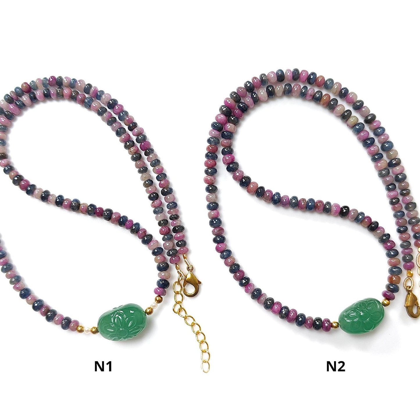 Zoisite Ruby & Blue Sapphire Gemstone Beads Necklace: Natural Untreated Ruby, Green Quartzite Plain Rondelle Brass Necklace 18" 1 Strand