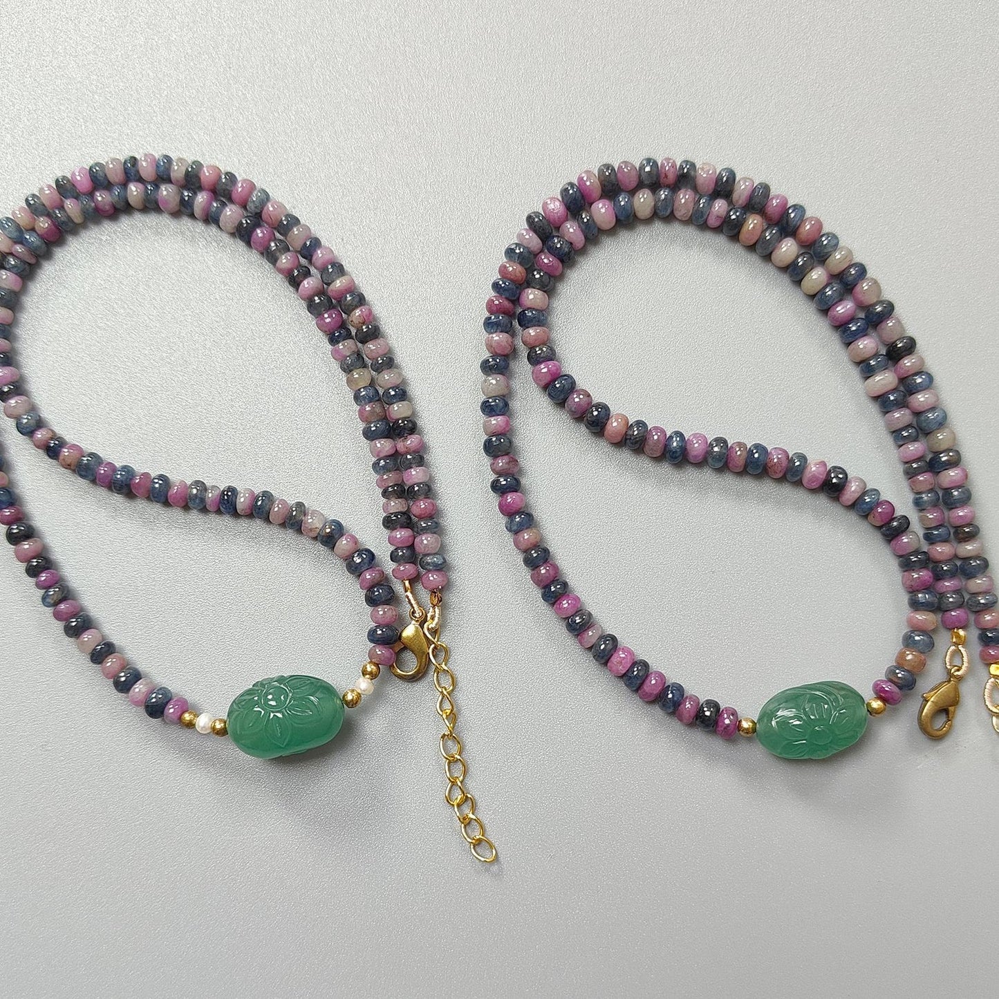 Zoisite Ruby & Blue Sapphire Gemstone Beads Necklace: Natural Untreated Ruby, Green Quartzite Plain Rondelle Brass Necklace 18" 1 Strand