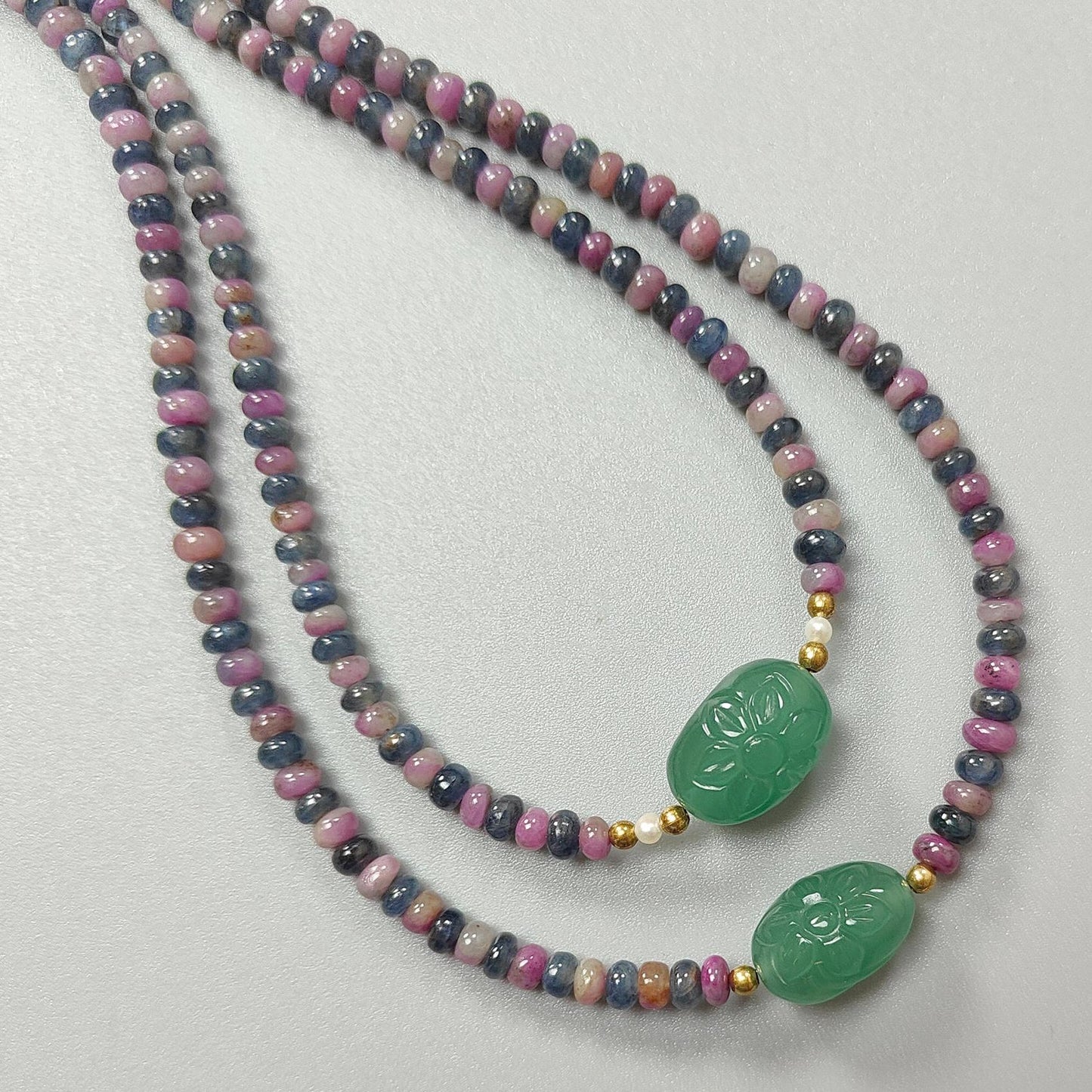 Zoisite Ruby & Blue Sapphire Gemstone Beads Necklace: Natural Untreated Ruby, Green Quartzite Plain Rondelle Brass Necklace 18" 1 Strand