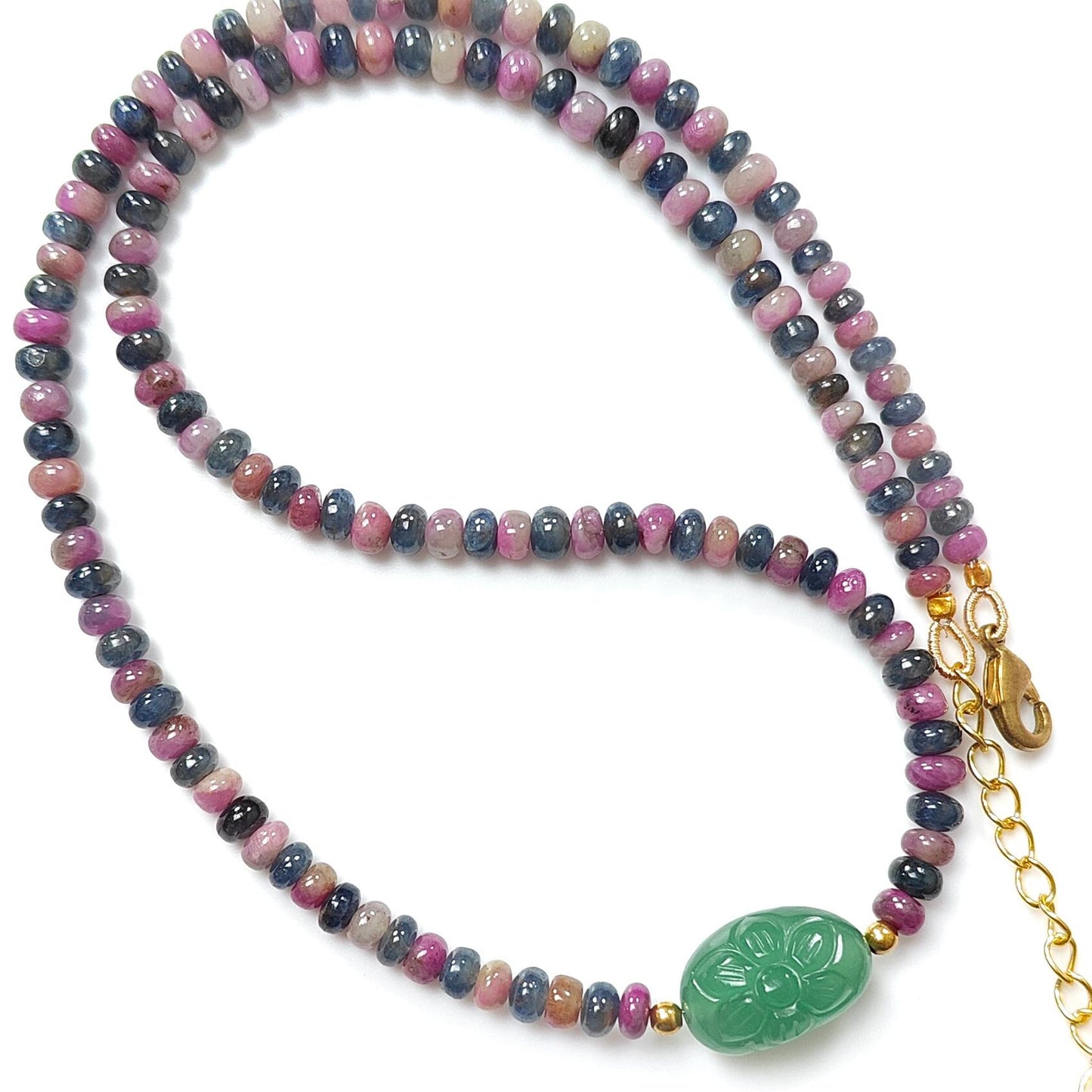 Zoisite Ruby & Blue Sapphire Gemstone Beads Necklace: Natural Untreated Ruby, Green Quartzite Plain Rondelle Brass Necklace 18" 1 Strand