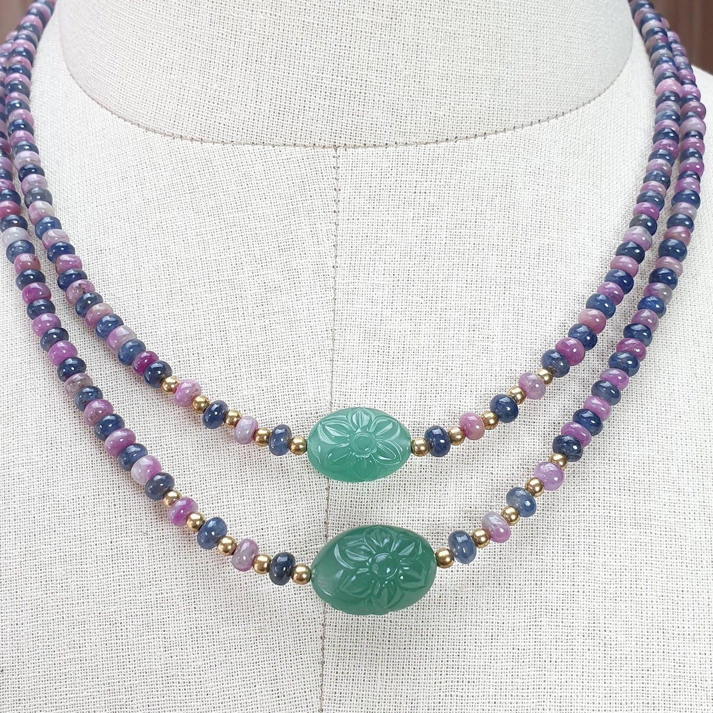 Zoisite Ruby & Blue Sapphire Gemstone Beads Necklace: Natural Untreated Ruby, Green Quartzite Plain Rondelle Brass Necklace 18" 1 Strand