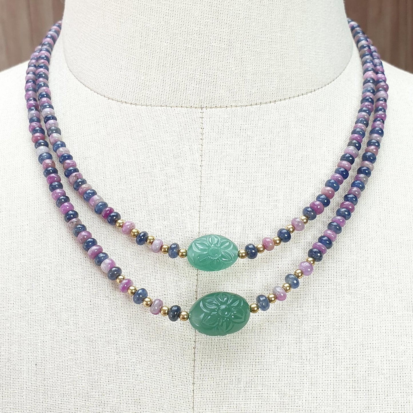 Zoisite Ruby & Blue Sapphire Gemstone Beads Necklace: Natural Untreated Ruby, Green Quartzite Plain Rondelle Brass Necklace 18" 1 Strand
