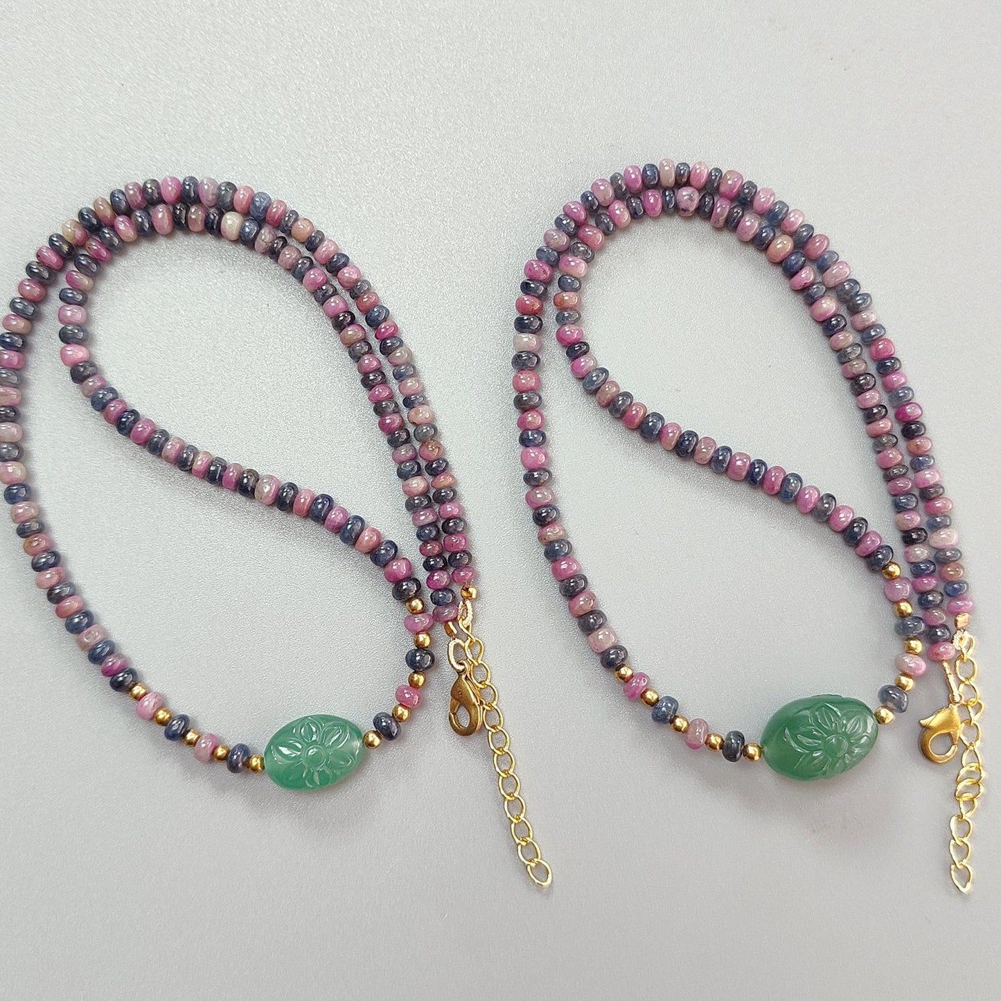 Zoisite Ruby & Blue Sapphire Gemstone Beads Necklace: Natural Untreated Ruby, Green Quartzite Plain Rondelle Brass Necklace 18" 1 Strand
