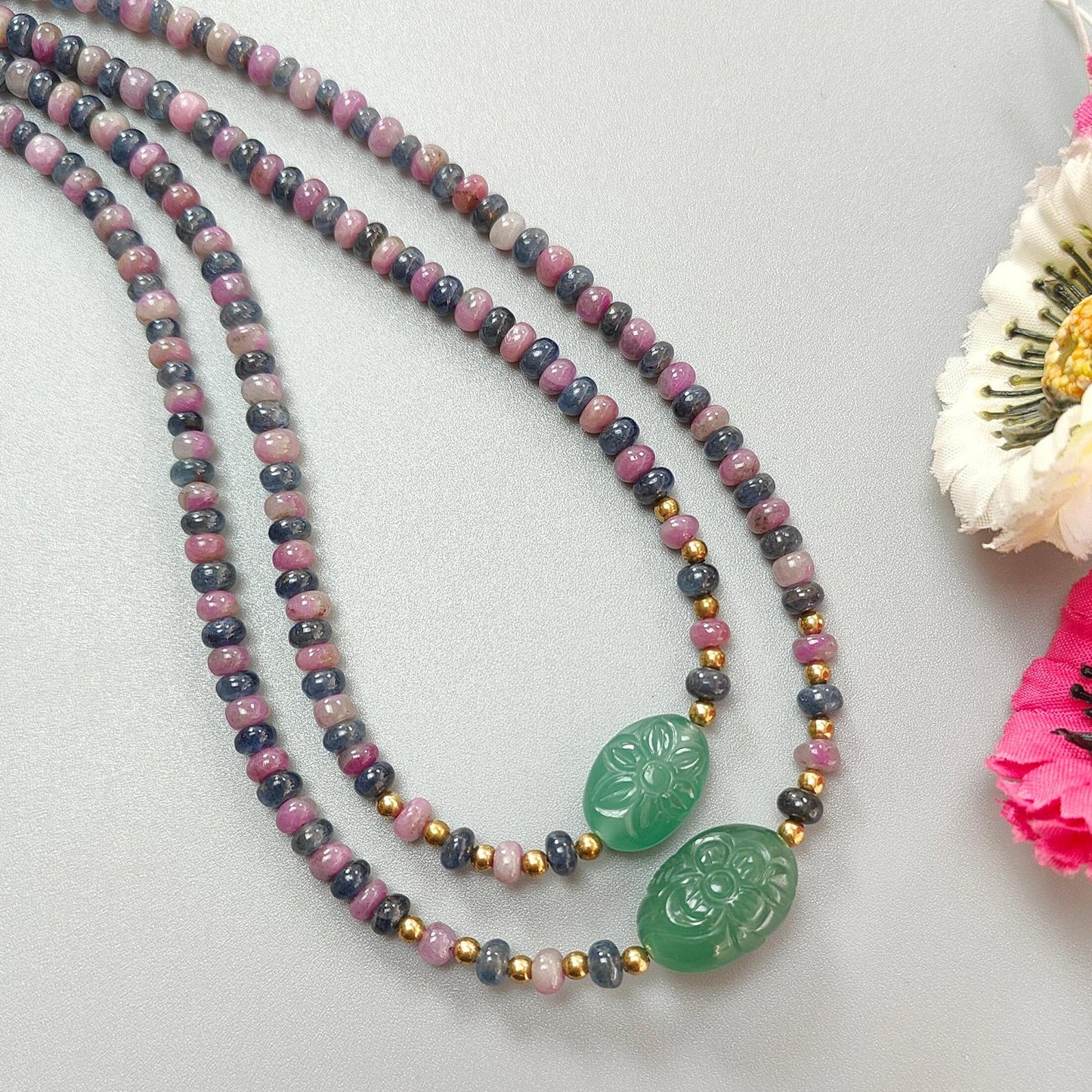 Zoisite Ruby & Blue Sapphire Gemstone Beads Necklace: Natural Untreated Ruby, Green Quartzite Plain Rondelle Brass Necklace 18" 1 Strand