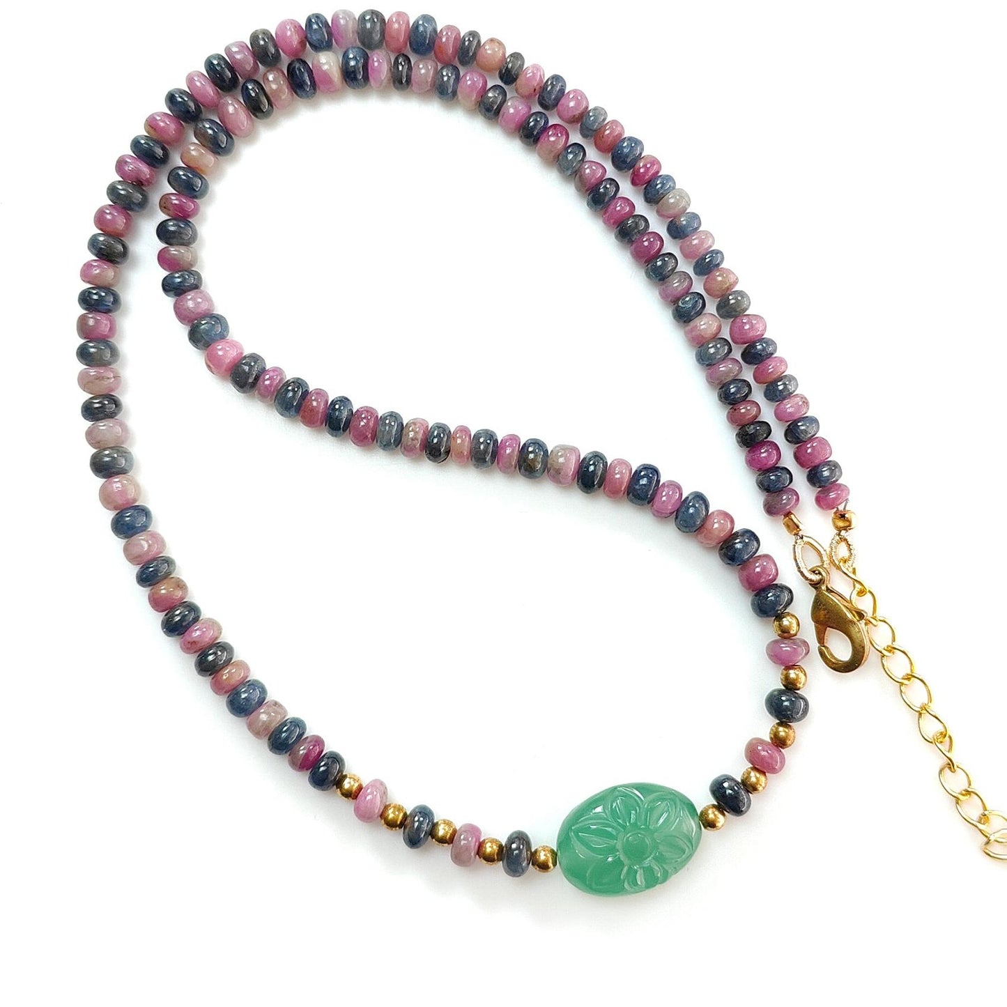 Zoisite Ruby & Blue Sapphire Gemstone Beads Necklace: Natural Untreated Ruby, Green Quartzite Plain Rondelle Brass Necklace 18" 1 Strand