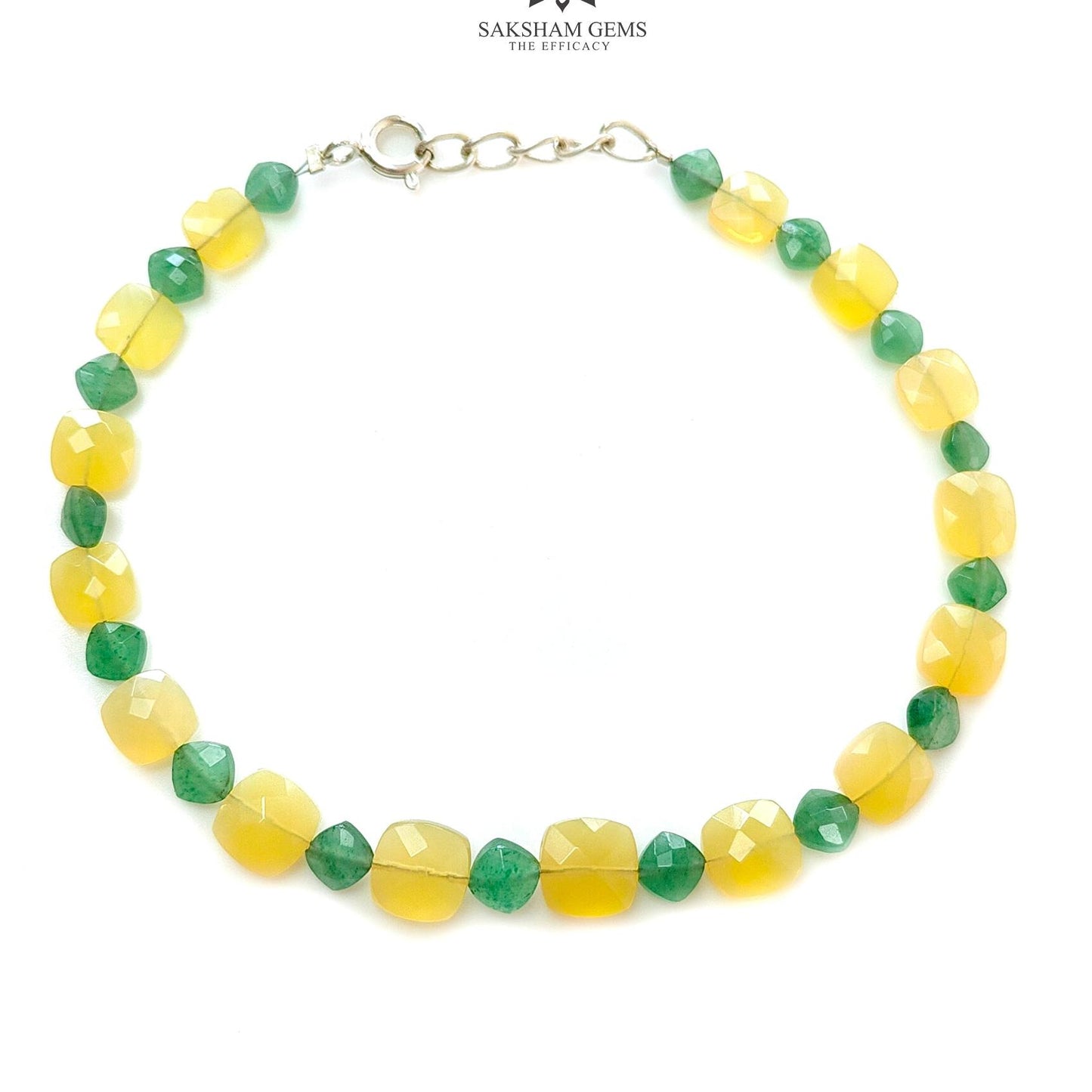 Opal & Quartz Beads Bracelet : 4.38gms 925 Sterling Silver Yellow Opal And Green Quartz Gemstone Briolette Cushion Checker Cut Bracelet 8"