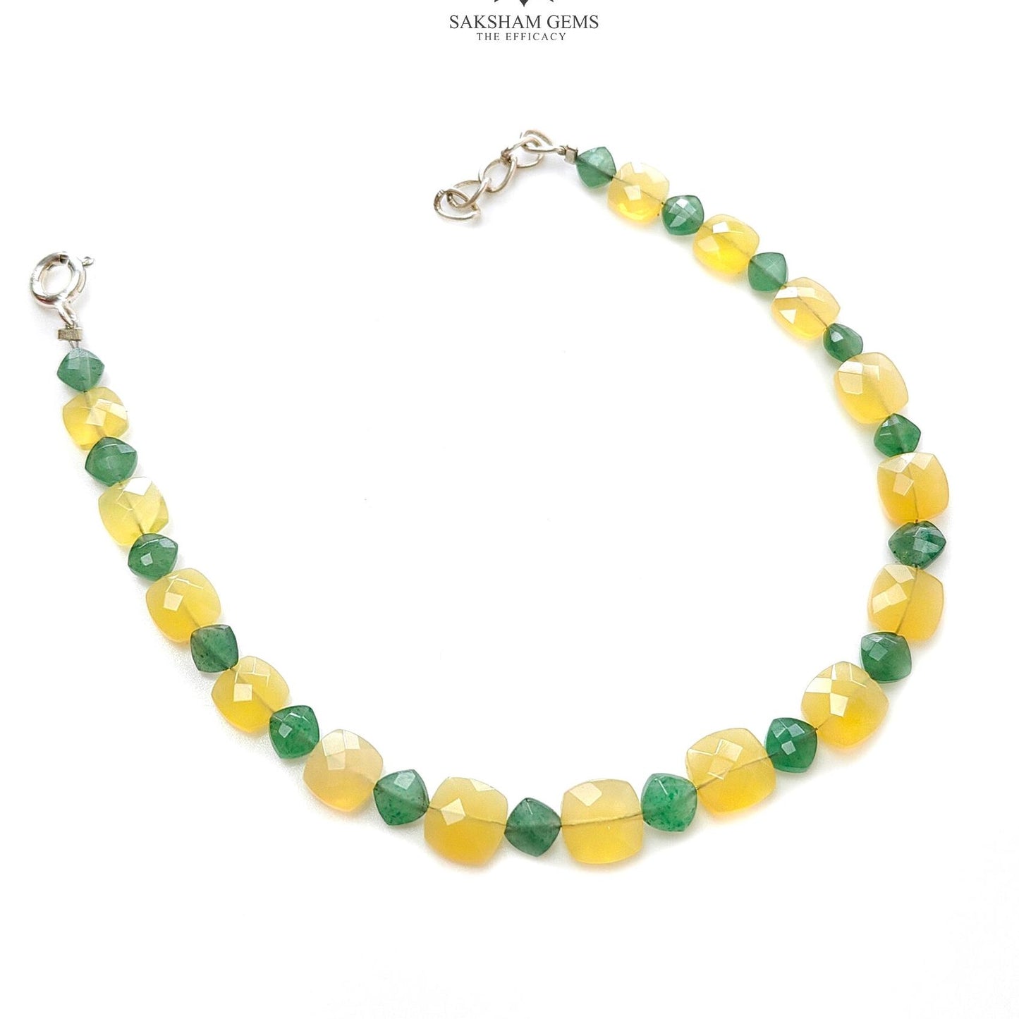 Opal & Quartz Beads Bracelet : 4.38gms 925 Sterling Silver Yellow Opal And Green Quartz Gemstone Briolette Cushion Checker Cut Bracelet 8"