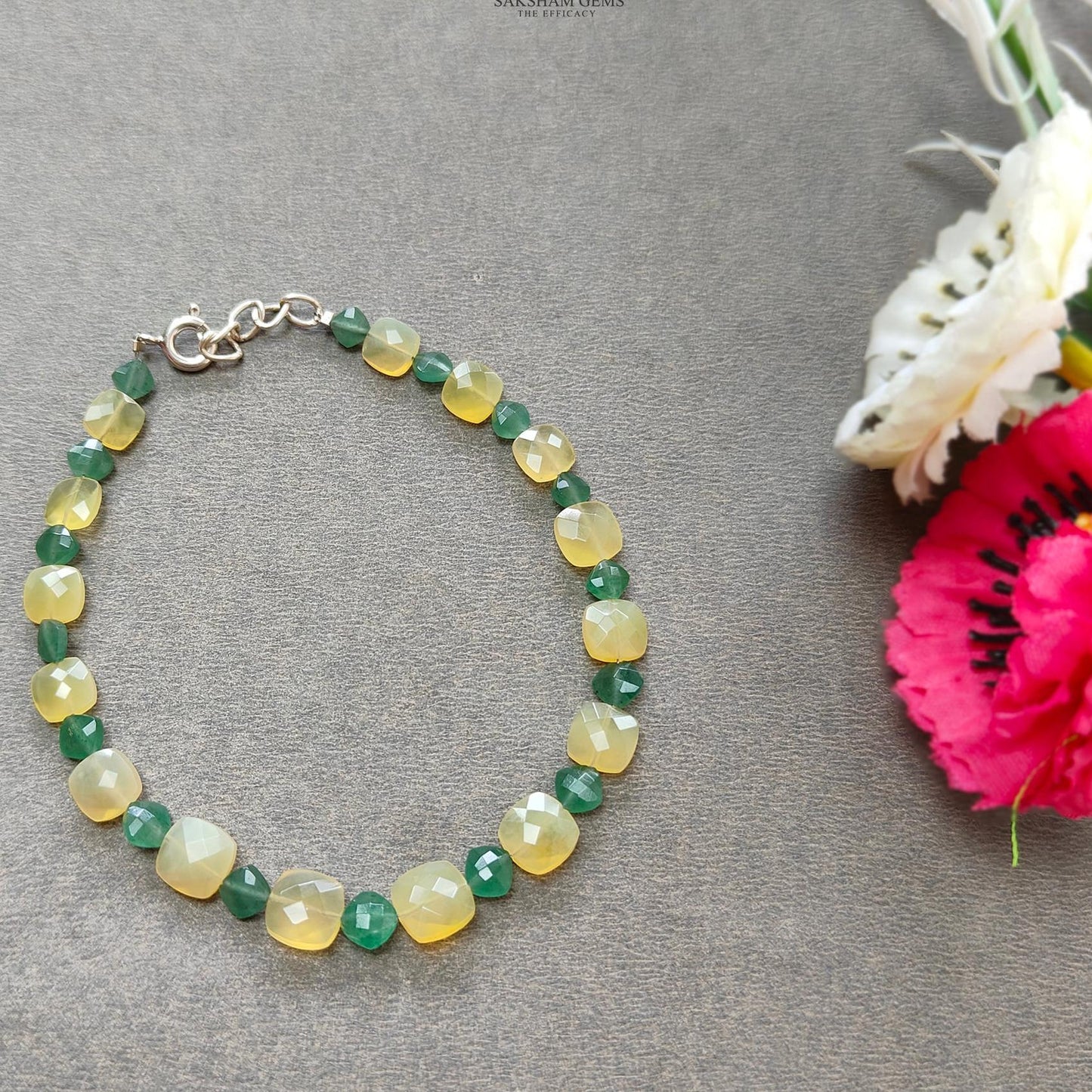 Opal & Quartz Beads Bracelet : 4.38gms 925 Sterling Silver Yellow Opal And Green Quartz Gemstone Briolette Cushion Checker Cut Bracelet 8"