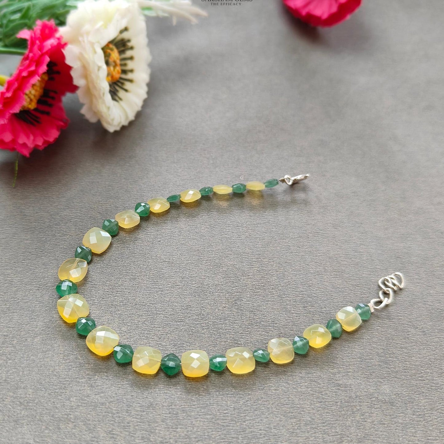 Opal & Quartz Beads Bracelet : 4.38gms 925 Sterling Silver Yellow Opal And Green Quartz Gemstone Briolette Cushion Checker Cut Bracelet 8"