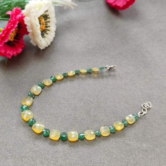 Opal & Quartz Beads Bracelet : 4.38gms 925 Sterling Silver Yellow Opal And Green Quartz Gemstone Briolette Cushion Checker Cut Bracelet 8"