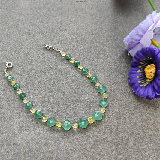 Quartzite & Yellow Opal Gemstone Beads Bracelet: 5.07gms Natural Untreated  925 Sterling Silver Checker Cut Beaded Bracelet 8"