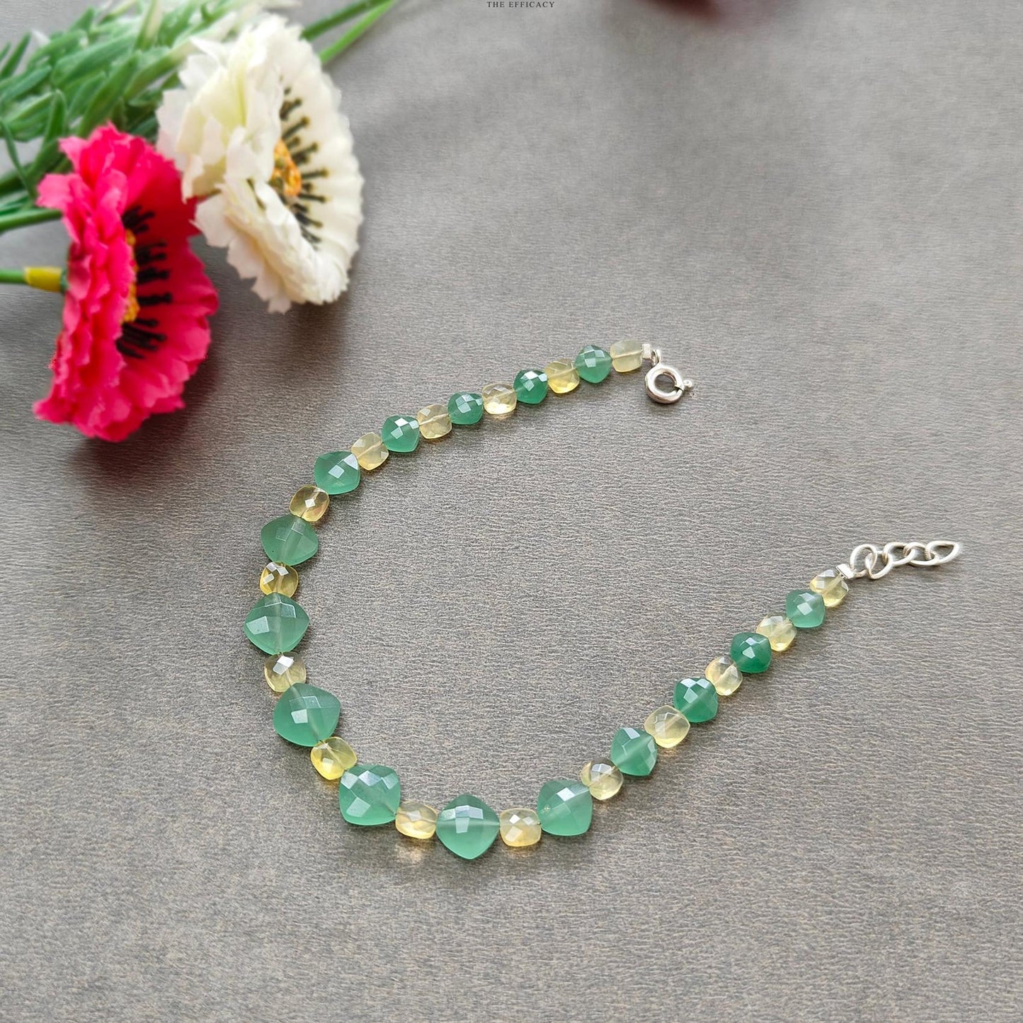 Quartzite & Yellow Opal Gemstone Beads Bracelet: 5.07gms Natural Untreated  925 Sterling Silver Checker Cut Beaded Bracelet 8"