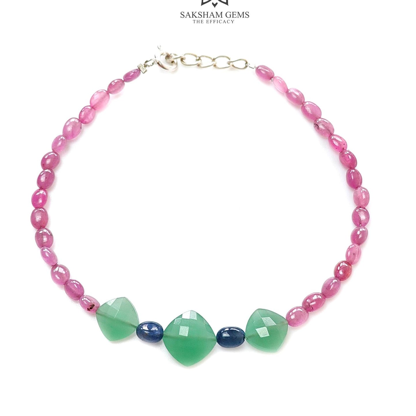 Sapphire & Quartz  Gemstone Beads Bracelet:  925 Sterling Sliver Pink Sapphire Green Quartz Gemstone Beads Bracelet 8"