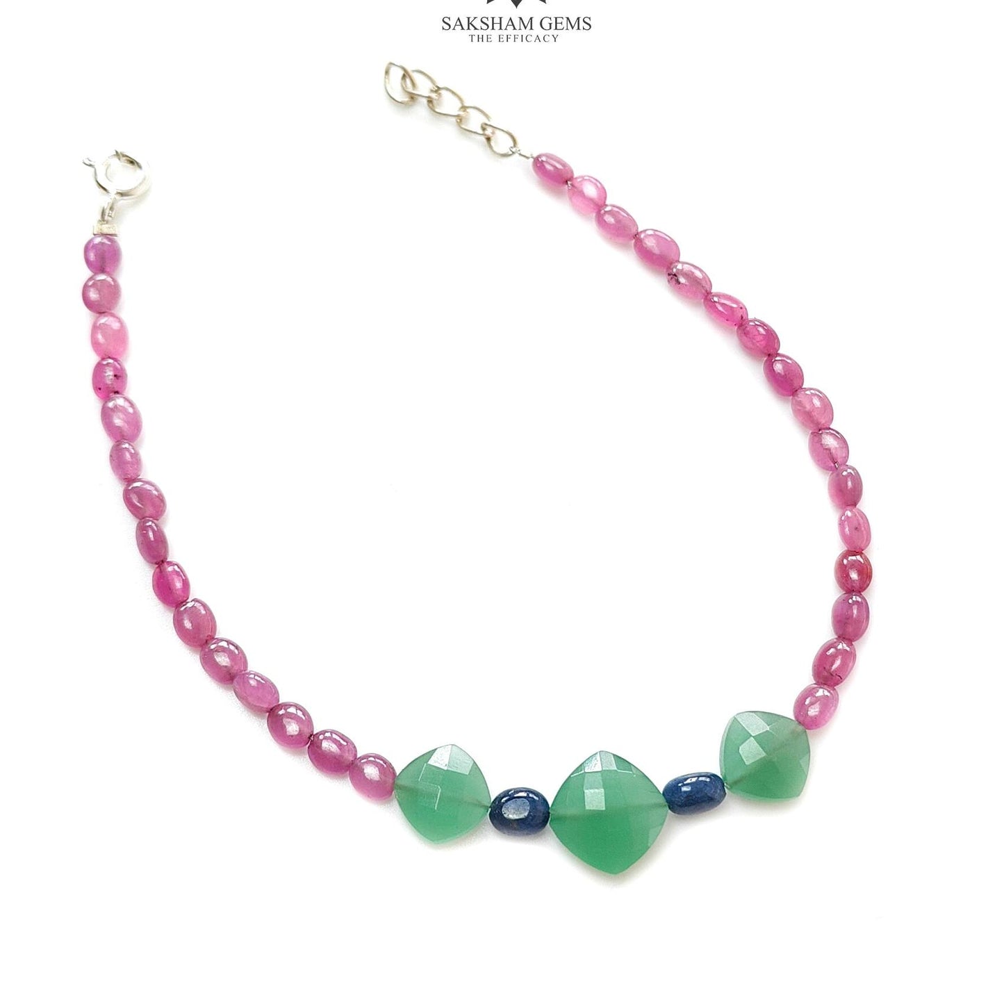 Sapphire & Quartz  Gemstone Beads Bracelet:  925 Sterling Sliver Pink Sapphire Green Quartz Gemstone Beads Bracelet 8"