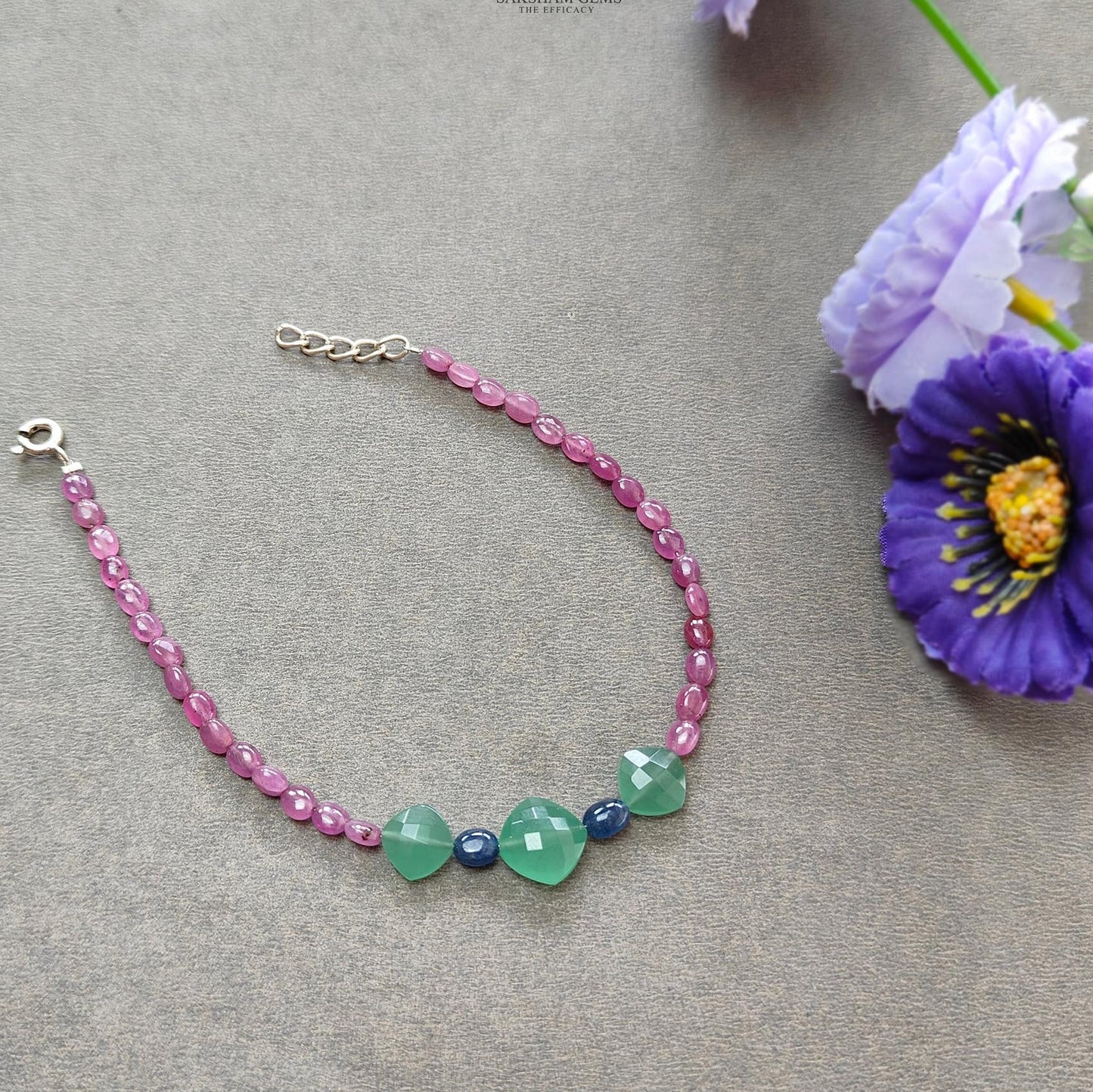 Sapphire & Quartz  Gemstone Beads Bracelet:  925 Sterling Sliver Pink Sapphire Green Quartz Gemstone Beads Bracelet 8"