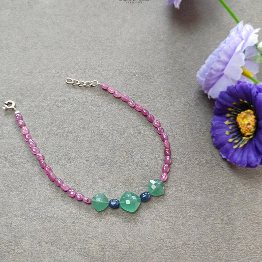 Sapphire & Quartz  Gemstone Beads Bracelet:  925 Sterling Sliver Pink Sapphire Green Quartz Gemstone Beads Bracelet 8"