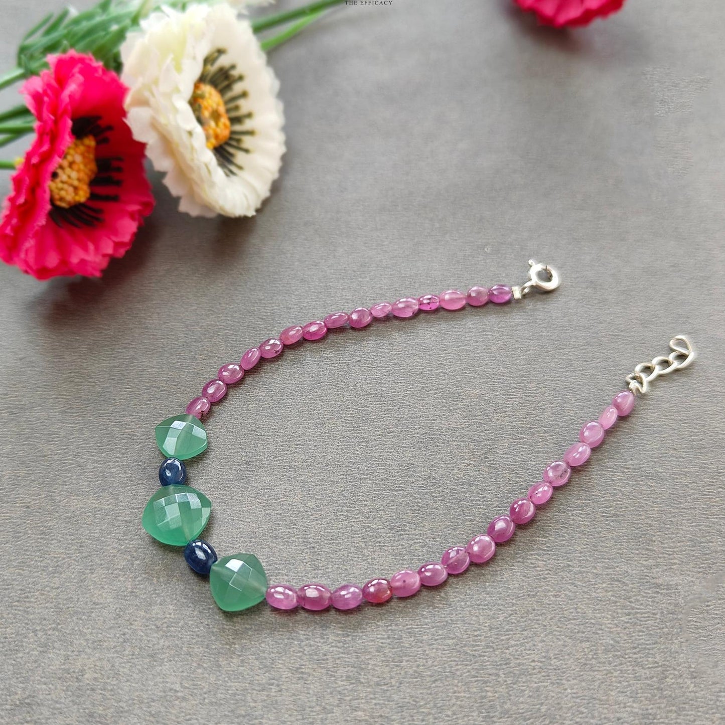 Sapphire & Quartz  Gemstone Beads Bracelet:  925 Sterling Sliver Pink Sapphire Green Quartz Gemstone Beads Bracelet 8"