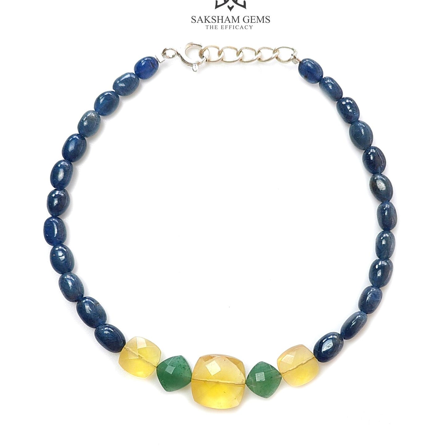 Sapphire & Quartz Opal Beads Bracelet : 6.64gms 925 Sterling Silver Blue Sapphire Yellow Opal Green Quartz Gemstone Plain Checker Cut 8"