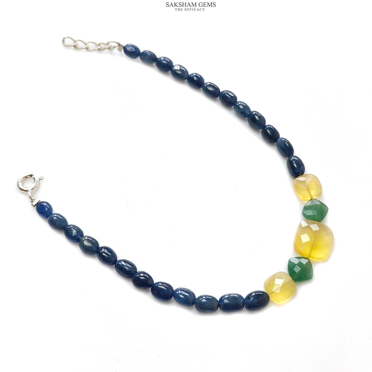 Sapphire & Quartz Opal Beads Bracelet : 6.64gms 925 Sterling Silver Blue Sapphire Yellow Opal Green Quartz Gemstone Plain Checker Cut 8"