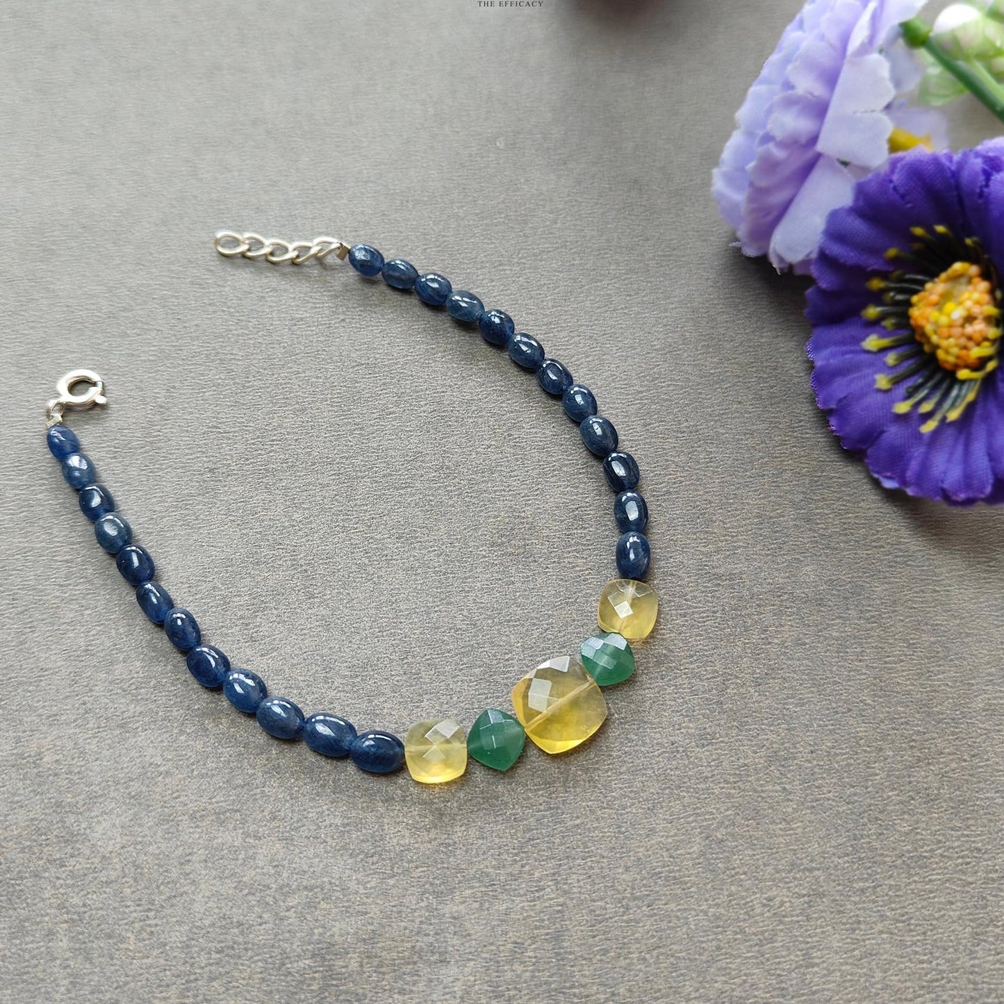 Sapphire & Quartz Opal Beads Bracelet : 6.64gms 925 Sterling Silver Blue Sapphire Yellow Opal Green Quartz Gemstone Plain Checker Cut 8"