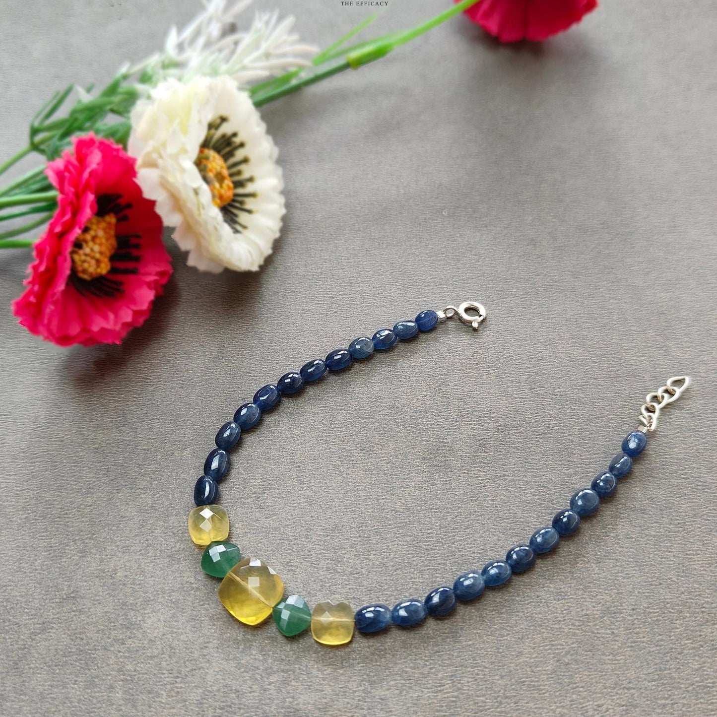 Sapphire & Quartz Opal Beads Bracelet : 6.64gms 925 Sterling Silver Blue Sapphire Yellow Opal Green Quartz Gemstone Plain Checker Cut 8"