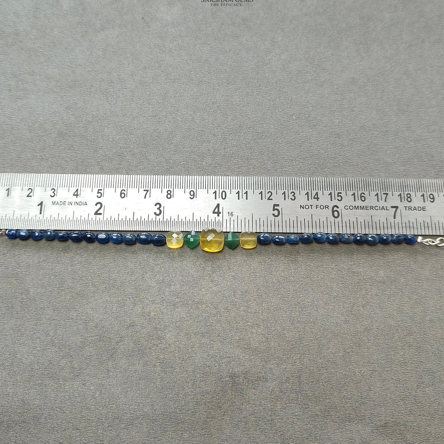 Sapphire & Quartz Opal Beads Bracelet : 6.64gms 925 Sterling Silver Blue Sapphire Yellow Opal Green Quartz Gemstone Plain Checker Cut 8"