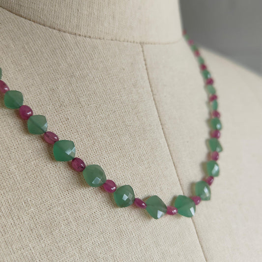 Ruby & Quartz Beads Necklace : 12.08gms 925 Sterling Silver Purple Ruby Green Quartz Briolette Faceted Plain Oval Cushion Necklace 18"