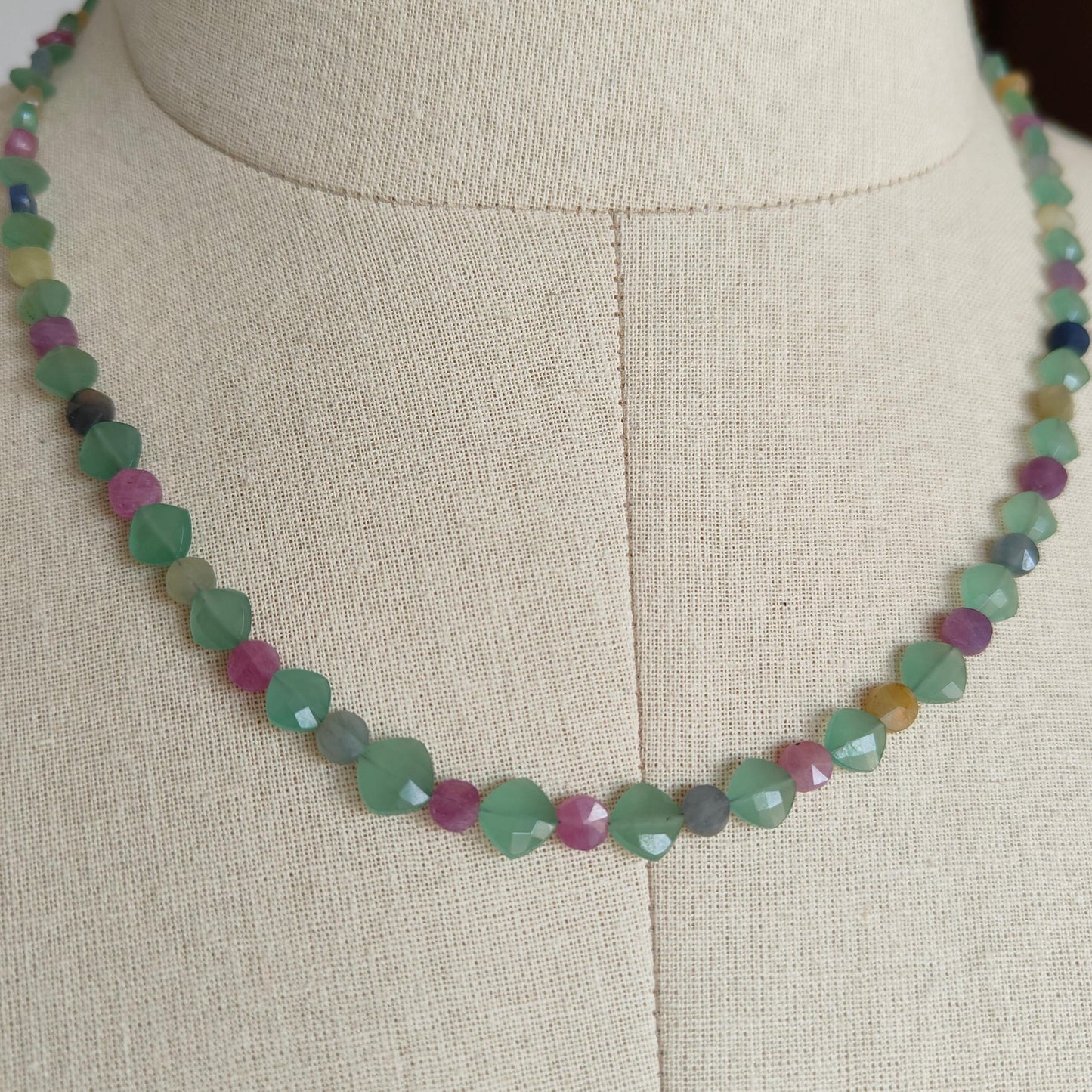 Sapphire & Quartz Beads Necklace :13.86gms 925 Sterling Silver Multi Sapphire Green Quartz Briolette Faceted Round Cushion Necklace 18"