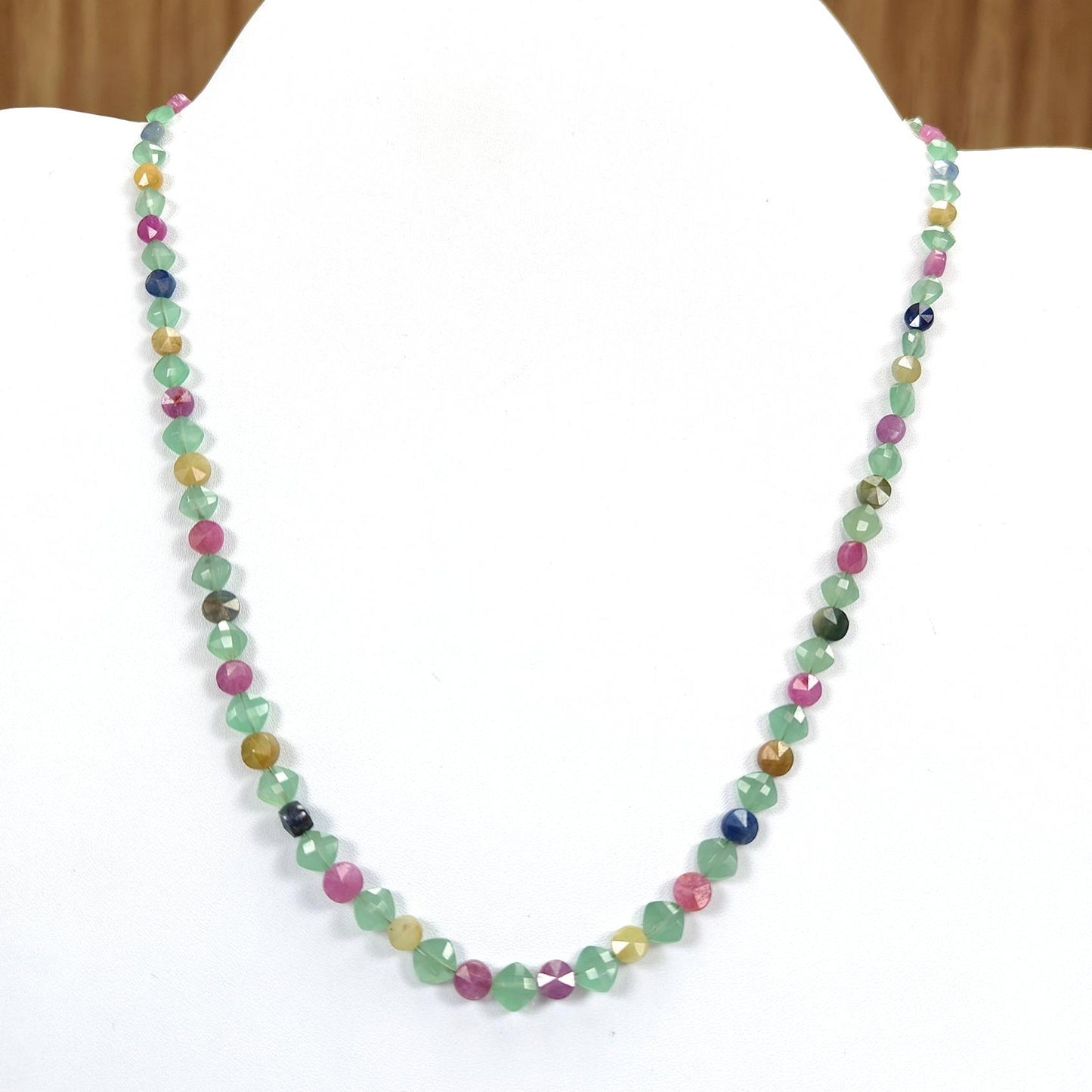 Sapphire & Quartz Beads Necklace :13.86gms 925 Sterling Silver Multi Sapphire Green Quartz Briolette Faceted Round Cushion Necklace 18"