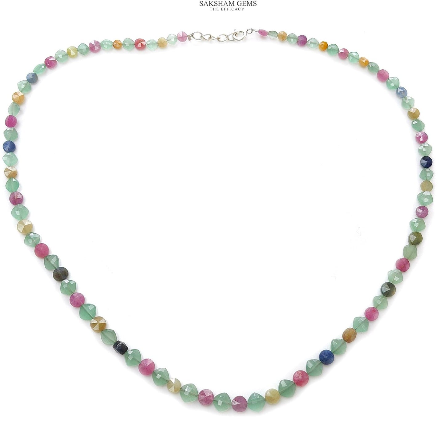 Sapphire & Quartz Beads Necklace :13.86gms 925 Sterling Silver Multi Sapphire Green Quartz Briolette Faceted Round Cushion Necklace 18"