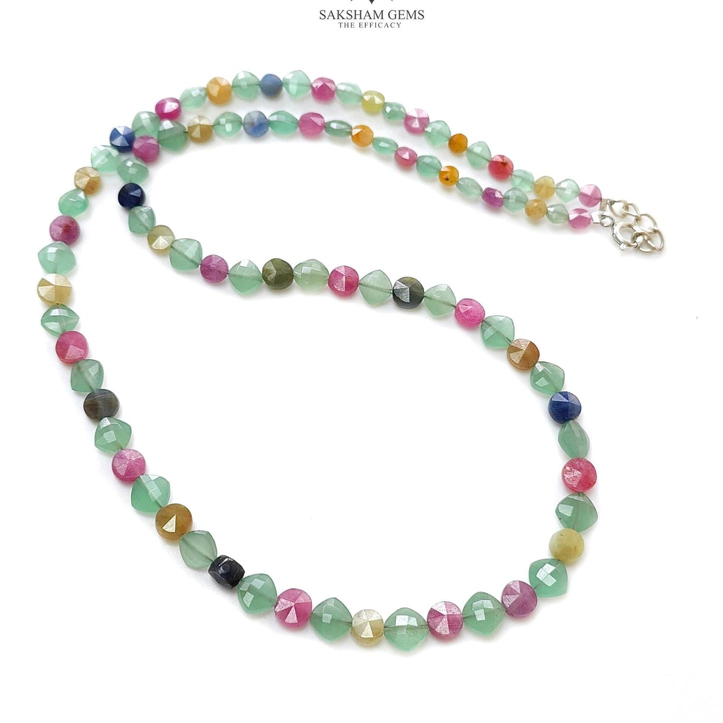 Sapphire & Quartz Beads Necklace :13.86gms 925 Sterling Silver Multi Sapphire Green Quartz Briolette Faceted Round Cushion Necklace 18"