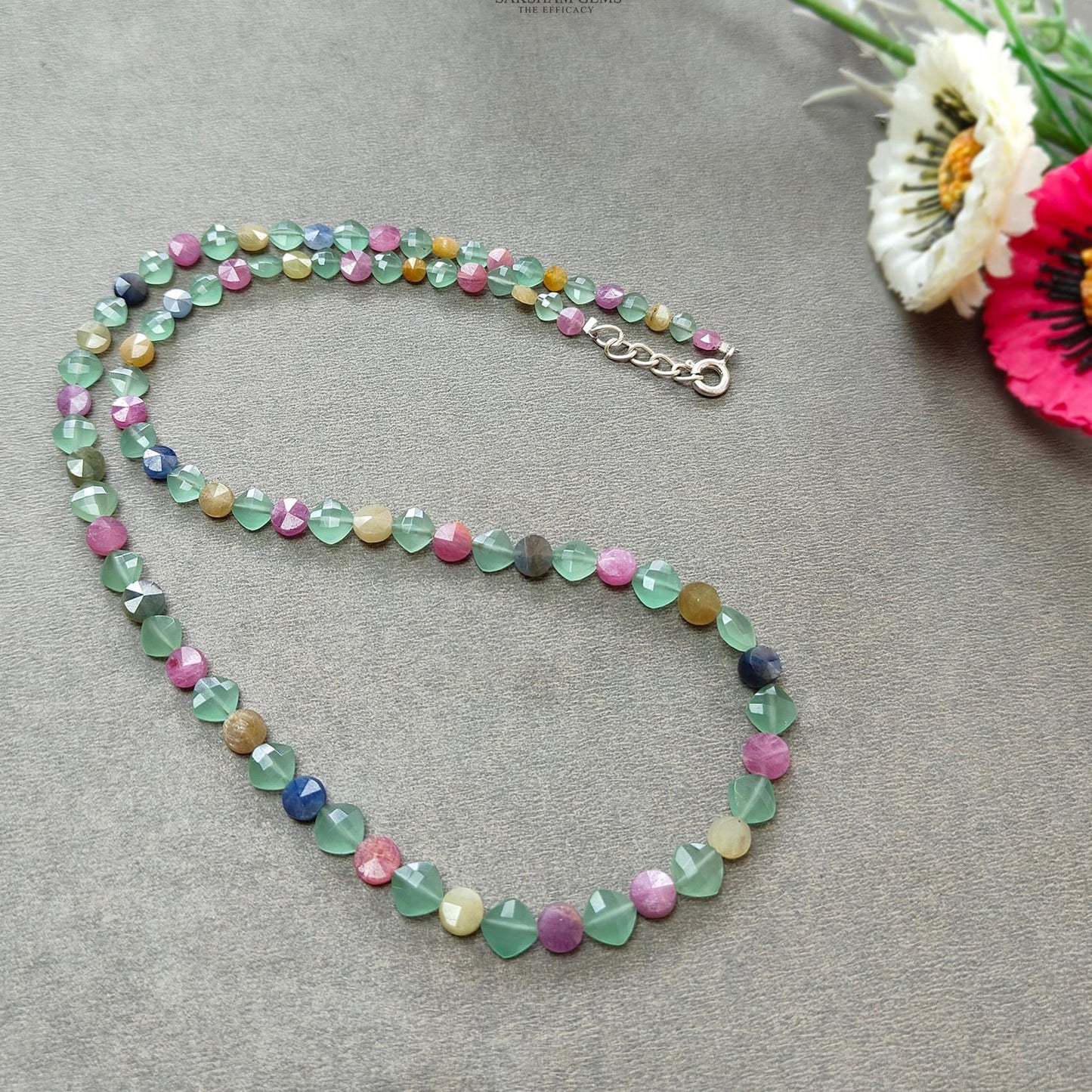 Sapphire & Quartz Beads Necklace :13.86gms 925 Sterling Silver Multi Sapphire Green Quartz Briolette Faceted Round Cushion Necklace 18"