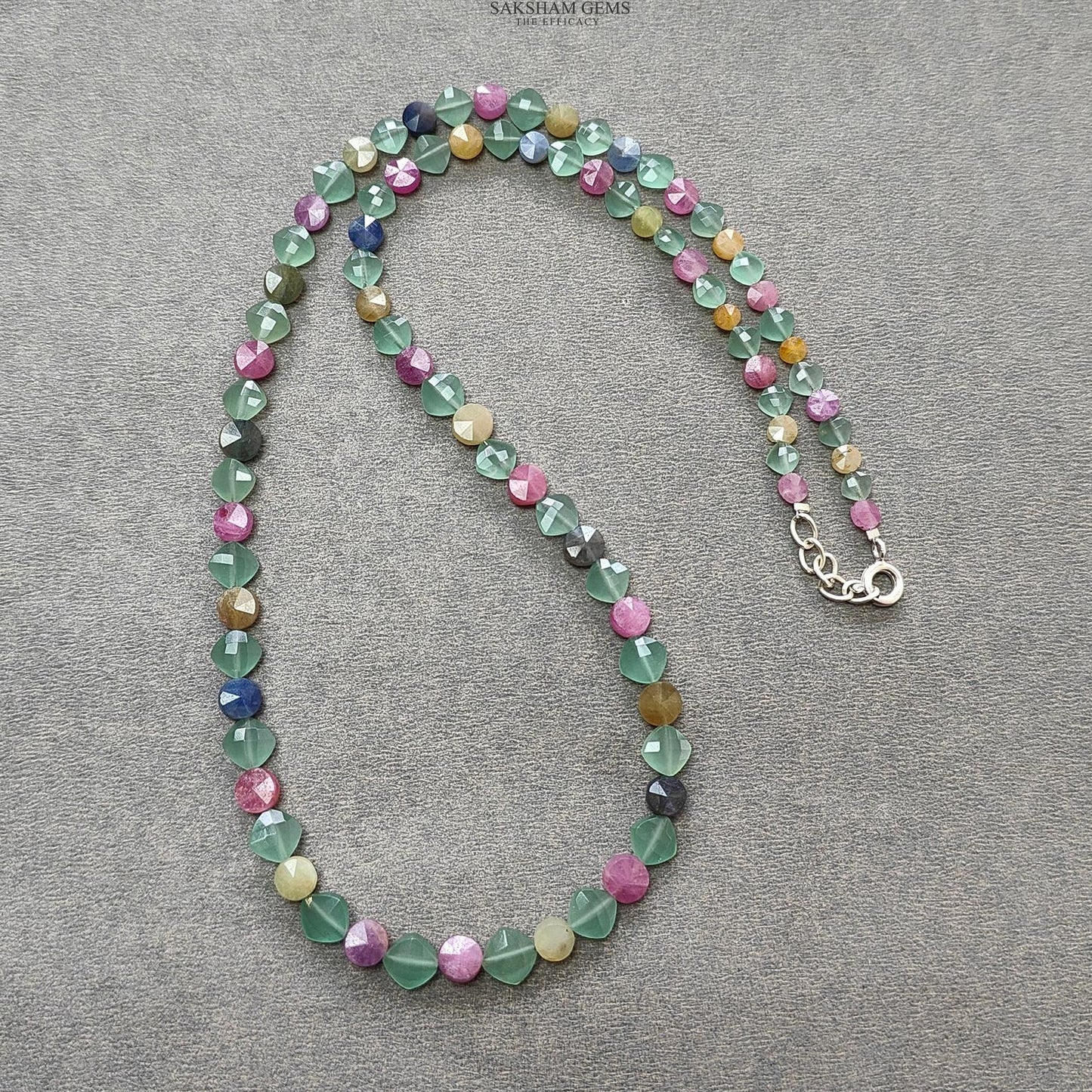 Sapphire & Quartz Beads Necklace :13.86gms 925 Sterling Silver Multi Sapphire Green Quartz Briolette Faceted Round Cushion Necklace 18"