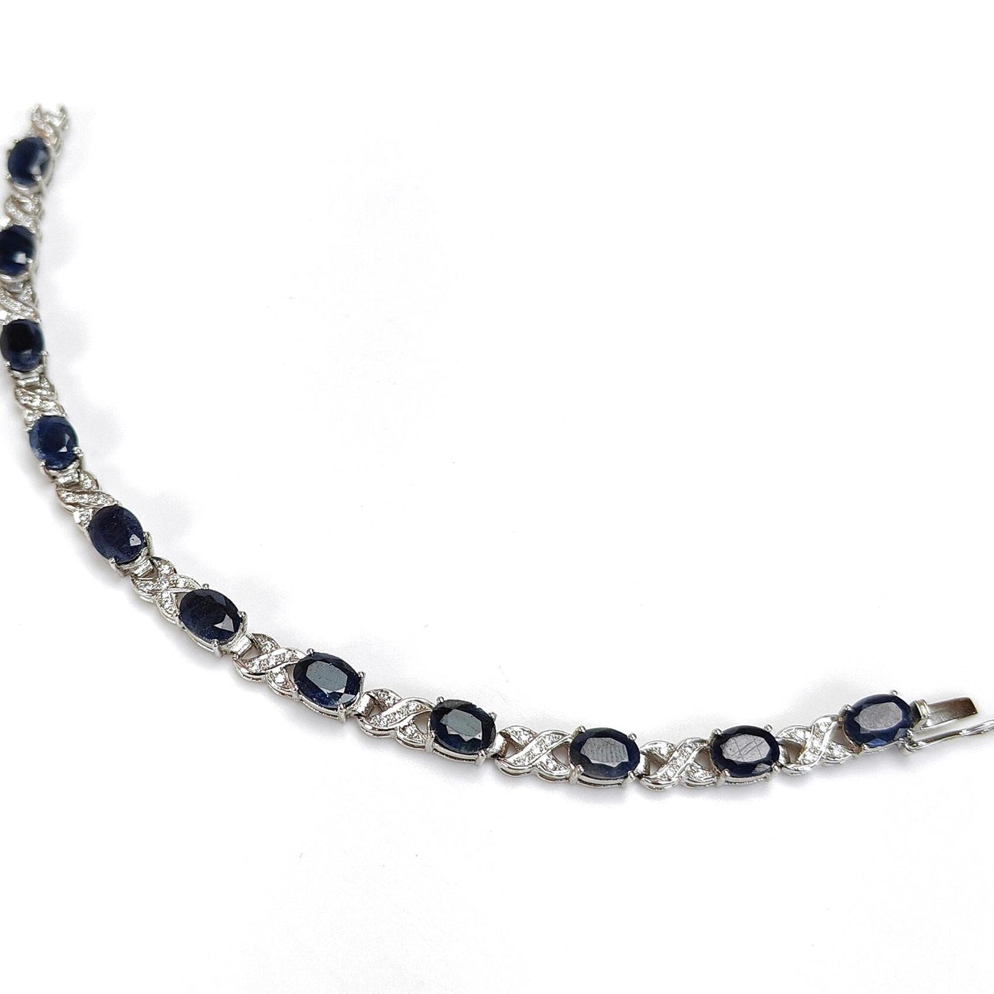 925 Sterling Silver Bracelet : 15.17gms Natural Blue Sapphire Gemstone With CZ Oval Normal Cut Prong Set Tennis Bracelet 7.5"