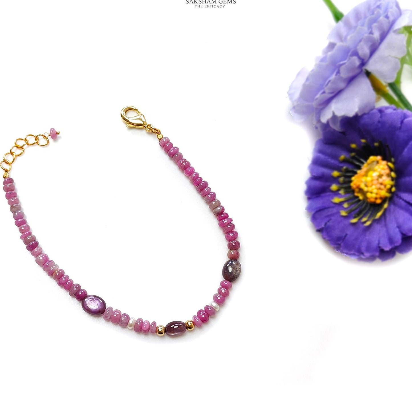 Ruby & Pearl Gemstone Beads Bracelet : 5.71gms Natural Untreated Ruby Plain Round Oval Shape Beaded Brass Bracelet 7.5"