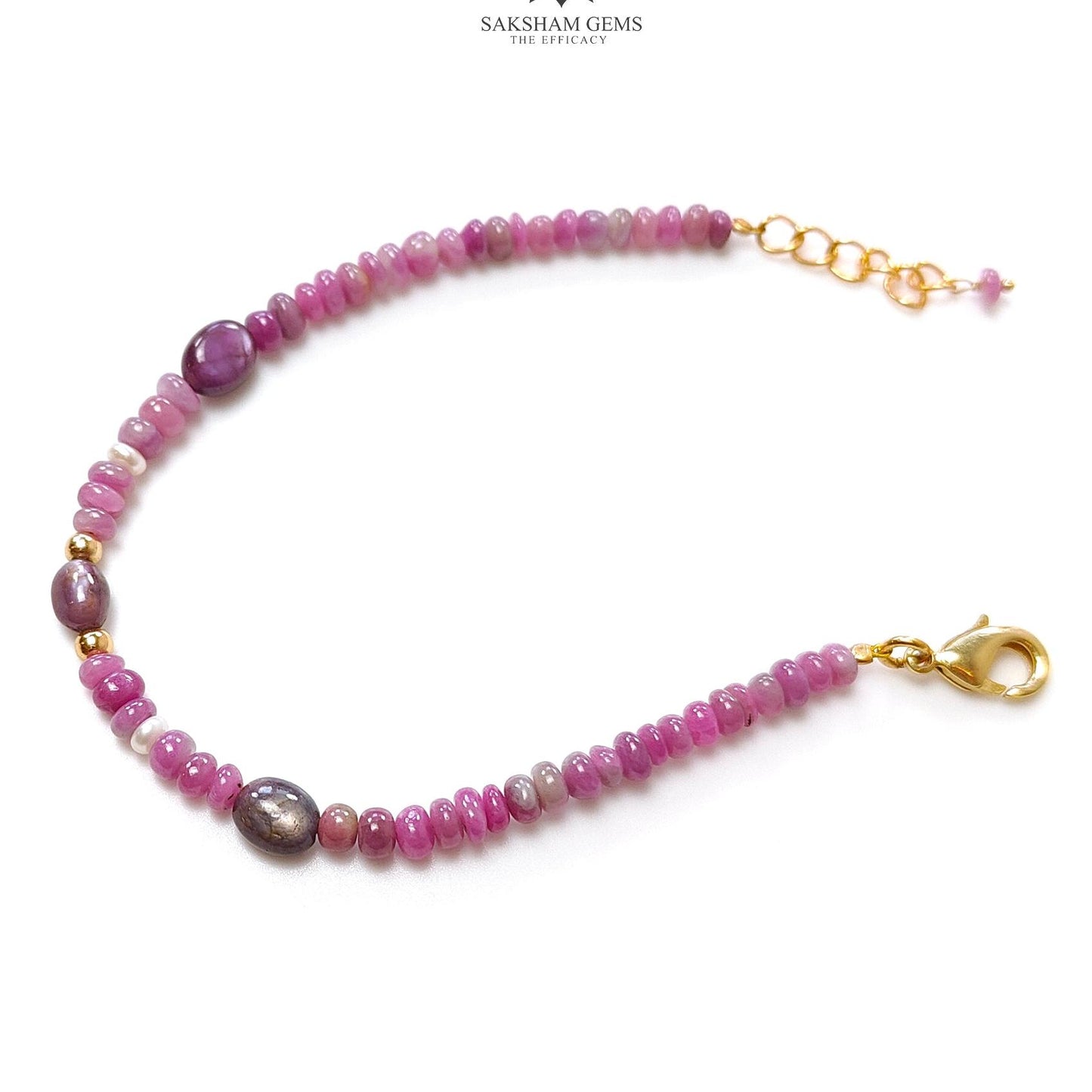 Ruby & Pearl Gemstone Beads Bracelet : 5.71gms Natural Untreated Ruby Plain Round Oval Shape Beaded Brass Bracelet 7.5"