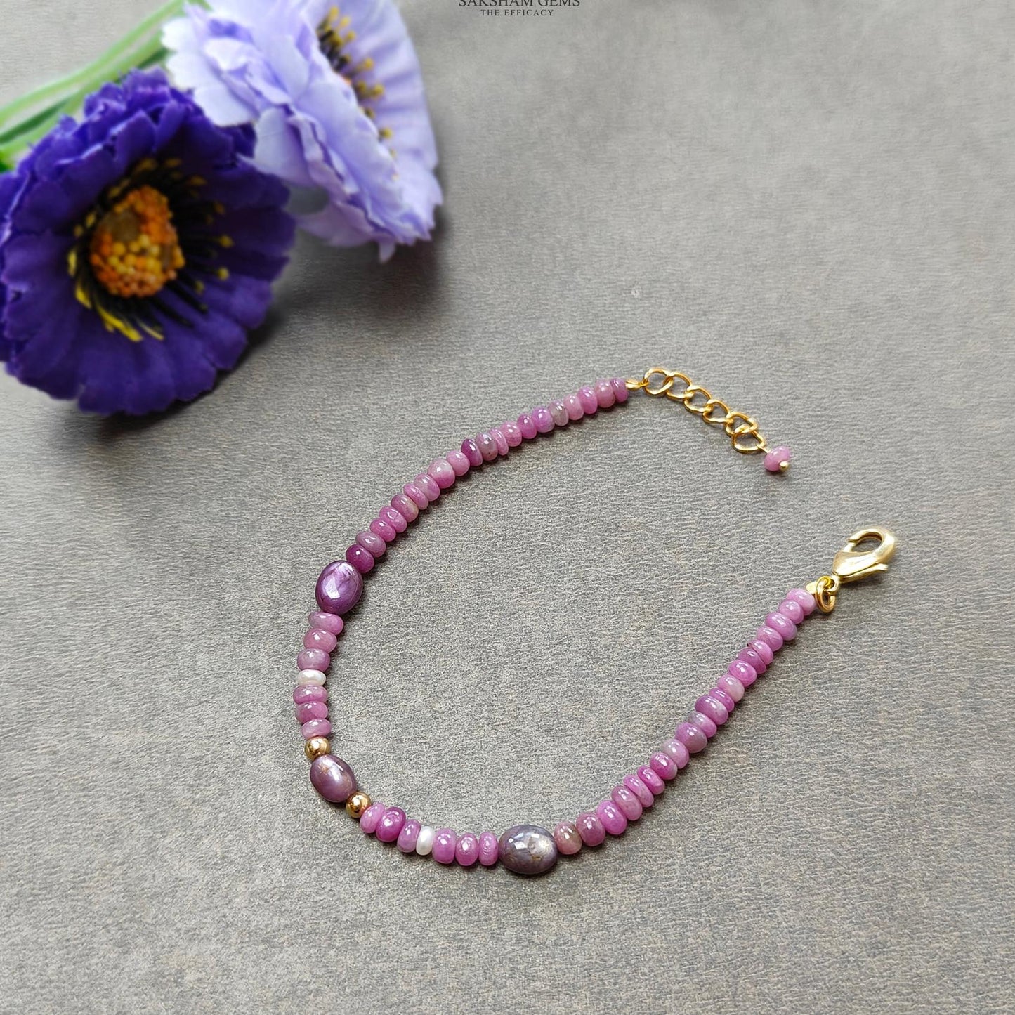 Ruby & Pearl Gemstone Beads Bracelet : 5.71gms Natural Untreated Ruby Plain Round Oval Shape Beaded Brass Bracelet 7.5"